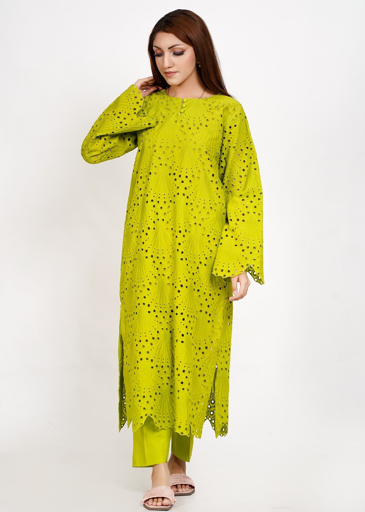 Bint-E-Hussain Cutwork Chikankari Kurta Set Neon Green Women 2pcs
