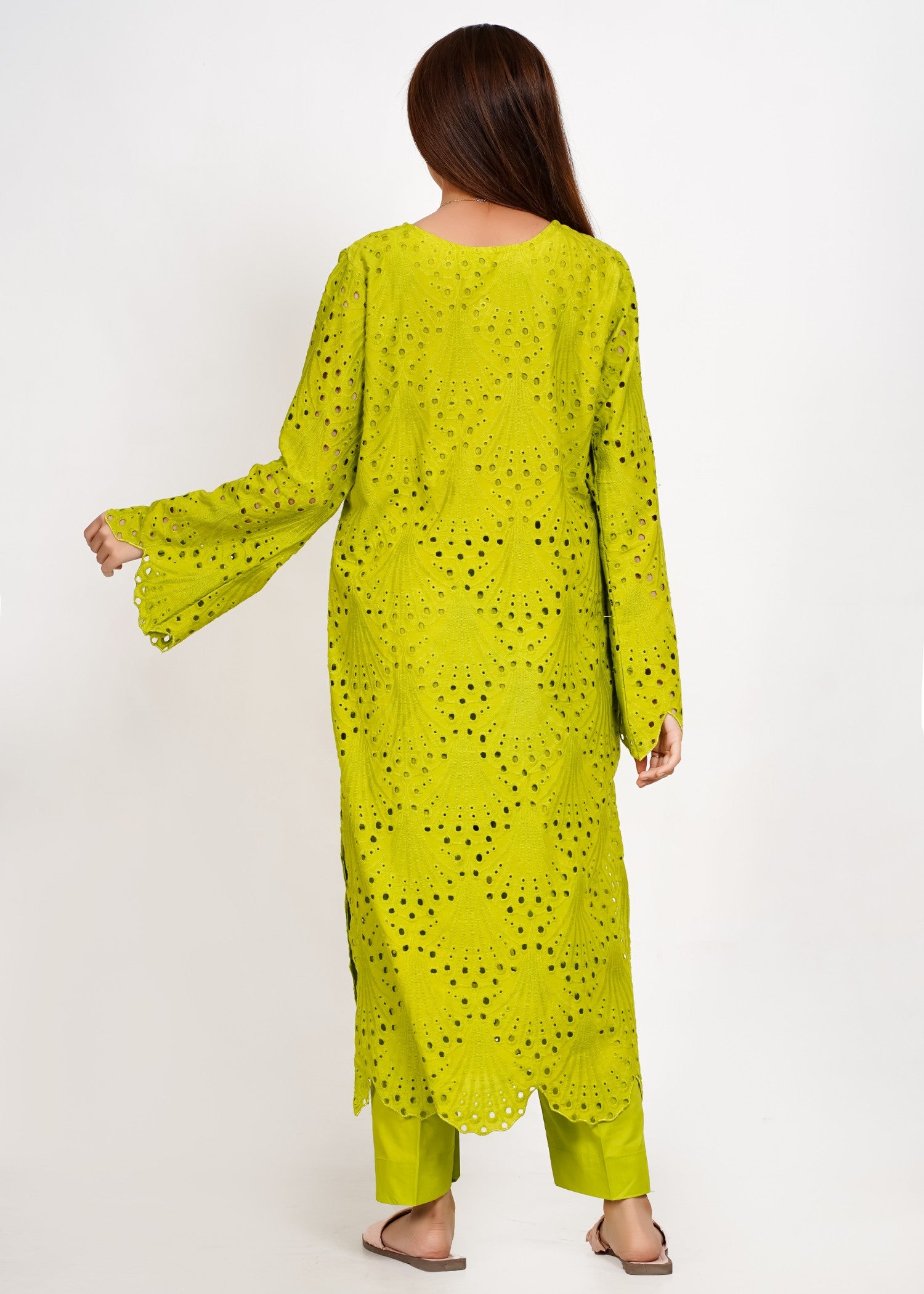 Bint-E-Hussain Cutwork Chikankari Kurta Set Neon Green Women 2pcs