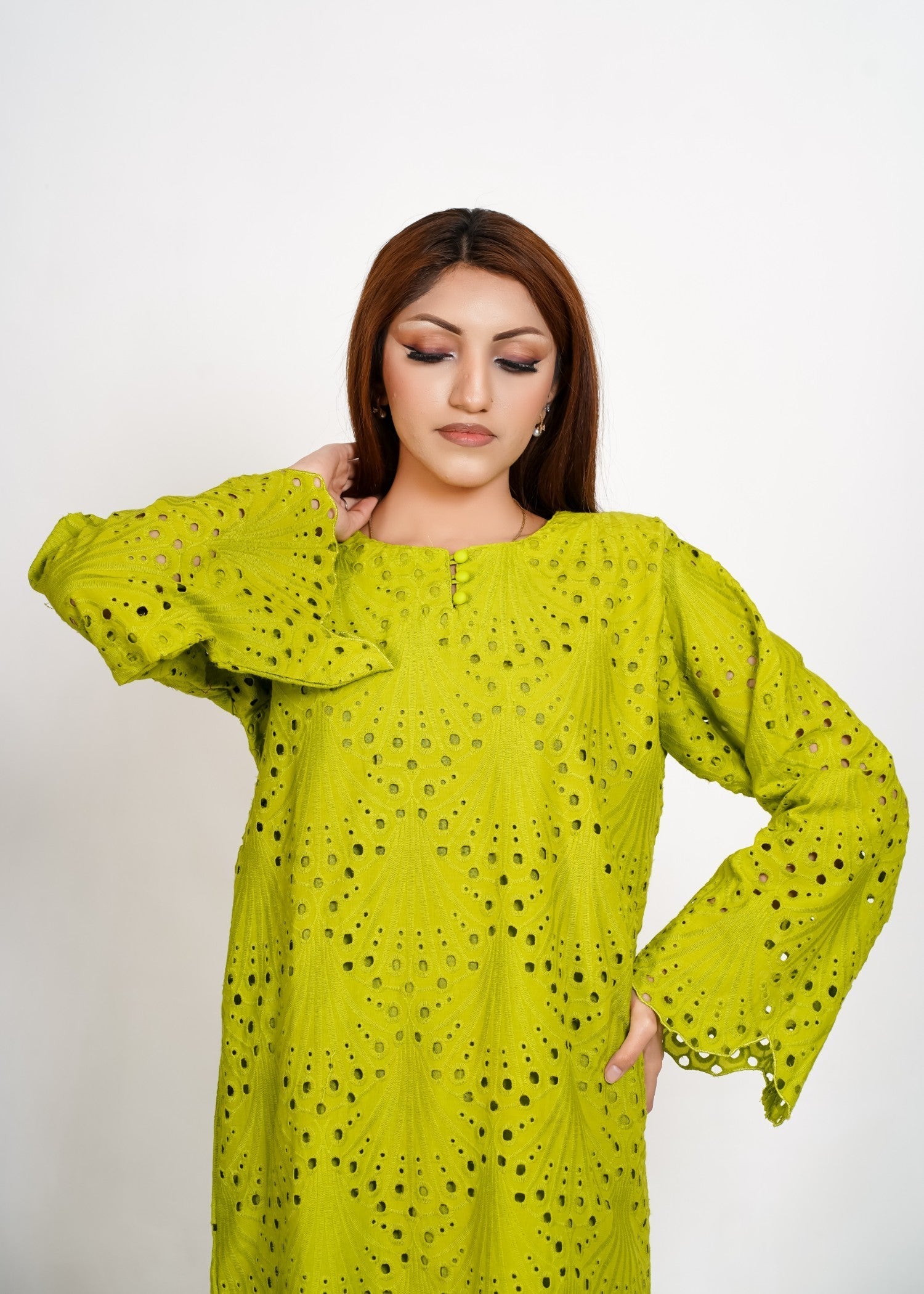 Bint-E-Hussain Cutwork Chikankari Kurta Set Neon Green Women 2pcs