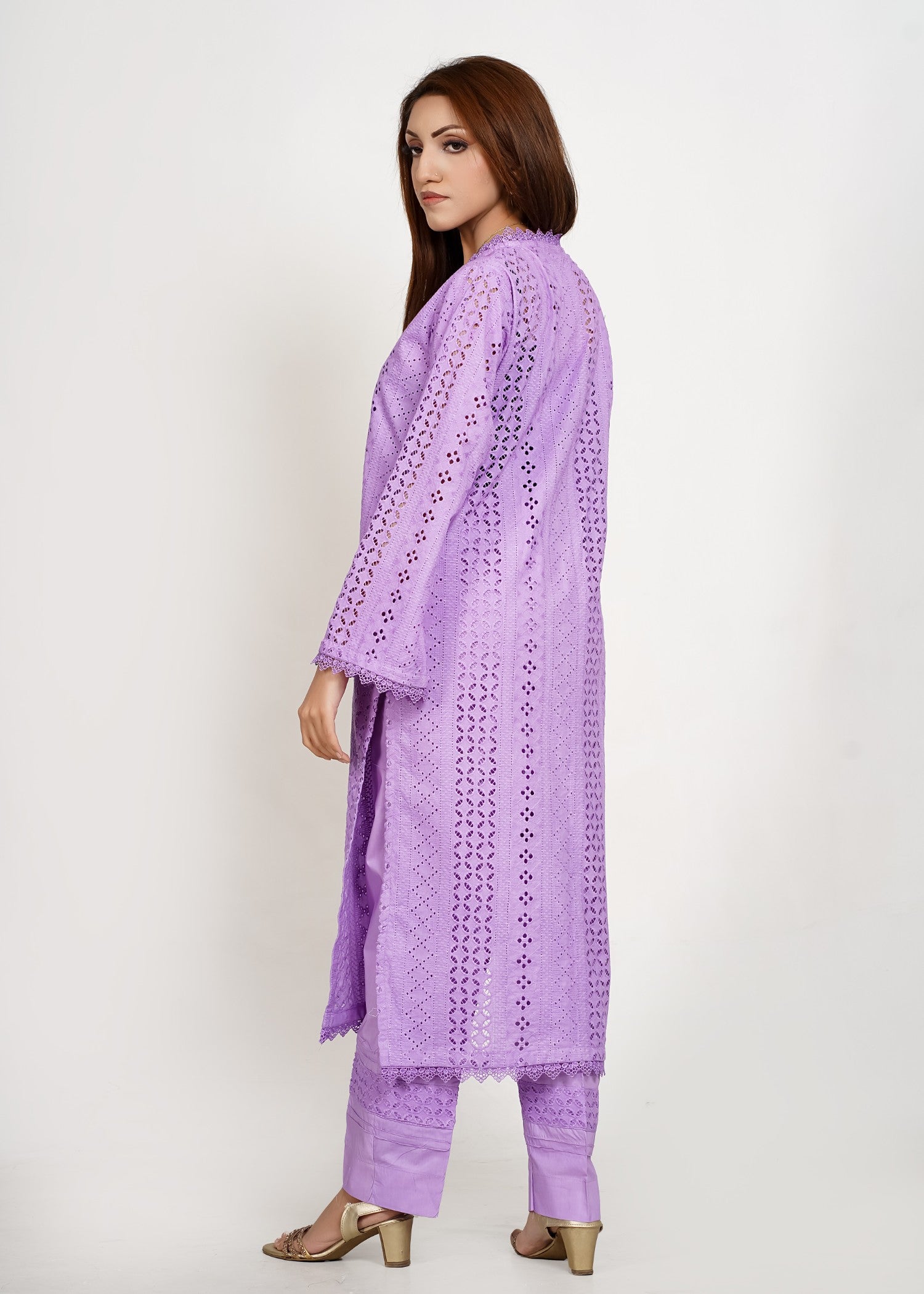 Bint-E-Hussain Stripe Chikankari kurta Set Lavender Women 2pcs