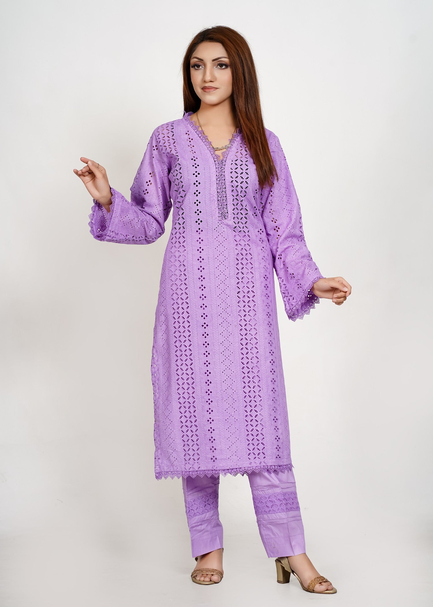 Bint-E-Hussain Stripe Chikankari kurta Set Lavender Women 2pcs