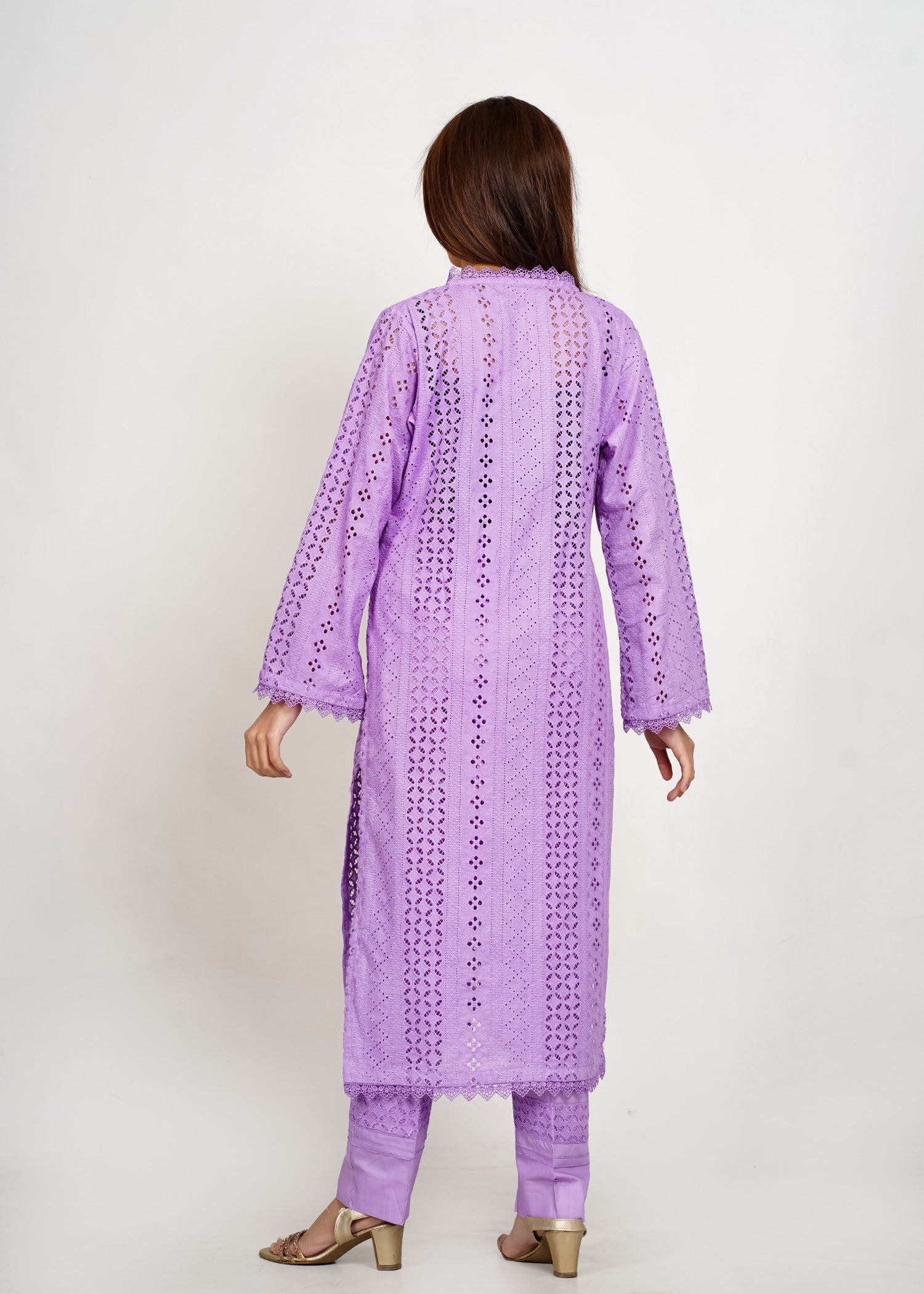 Bint-E-Hussain Stripe Chikankari kurta Set Lavender Women 2pcs