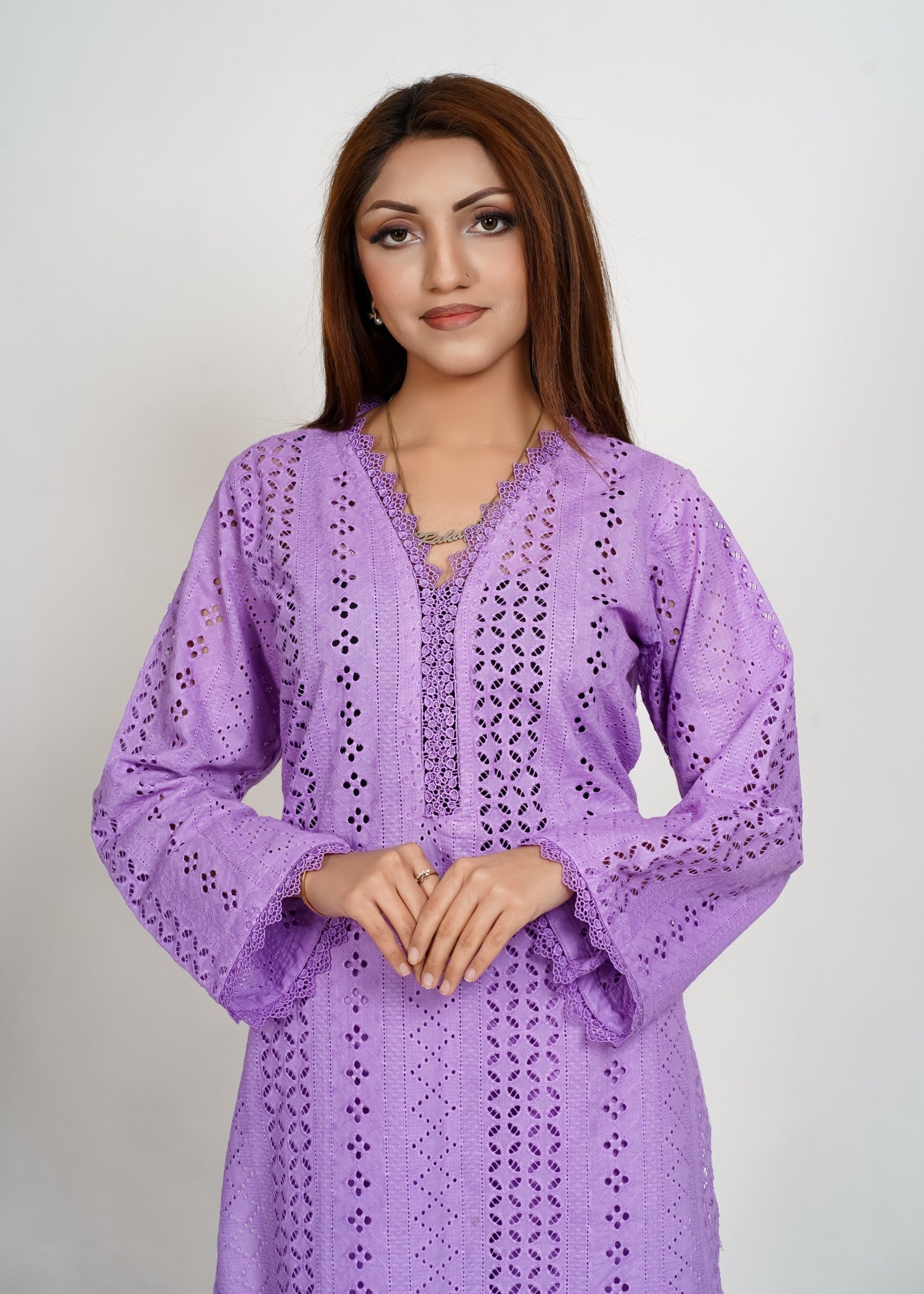 Bint-E-Hussain Stripe Chikankari kurta Set Lavender Women 2pcs