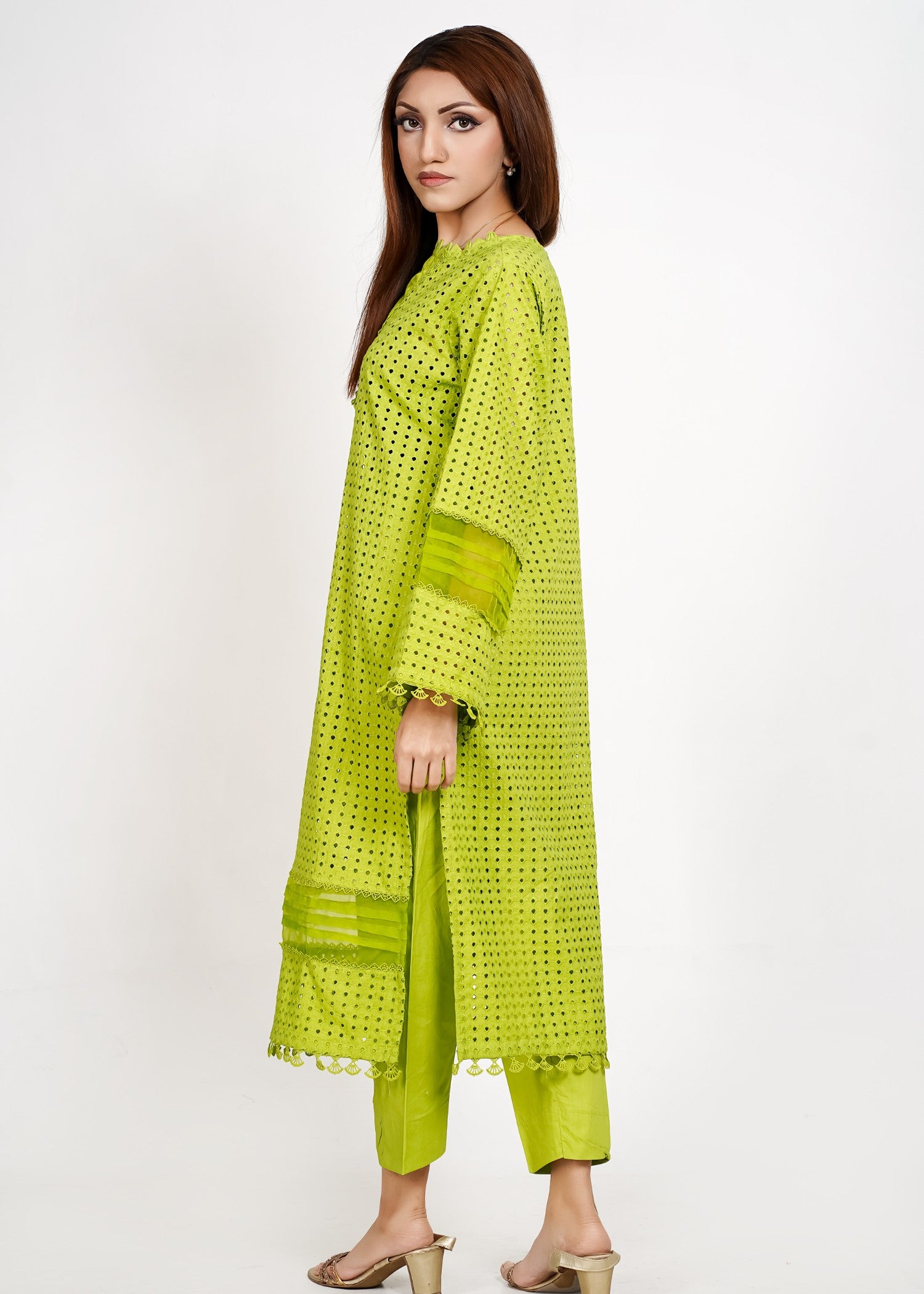 Bint-E-Hussain Chikankari Organza kurta Set Neon Green Women 2pcs