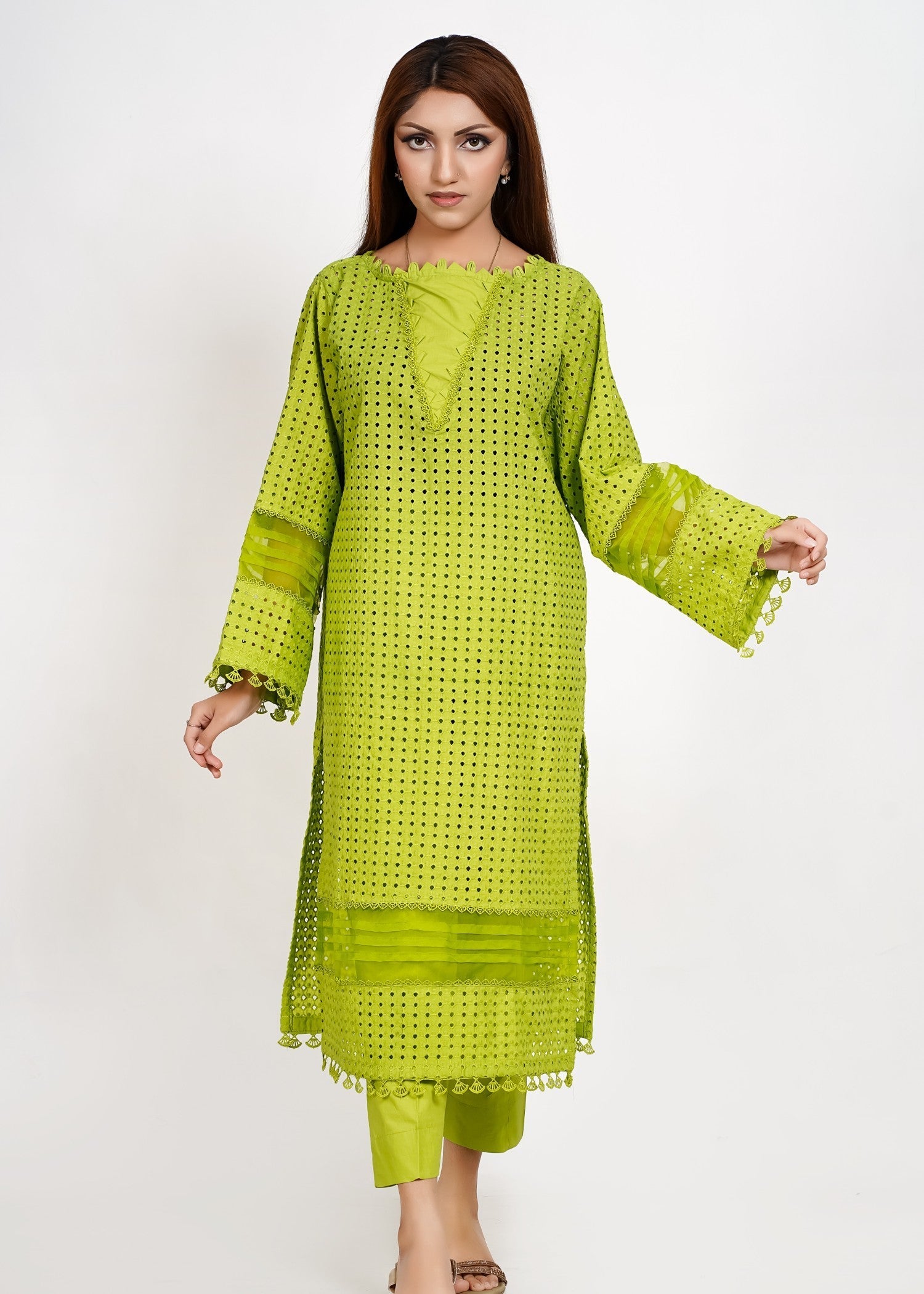 Bint-E-Hussain Chikankari Organza kurta Set Neon Green Women 2pcs