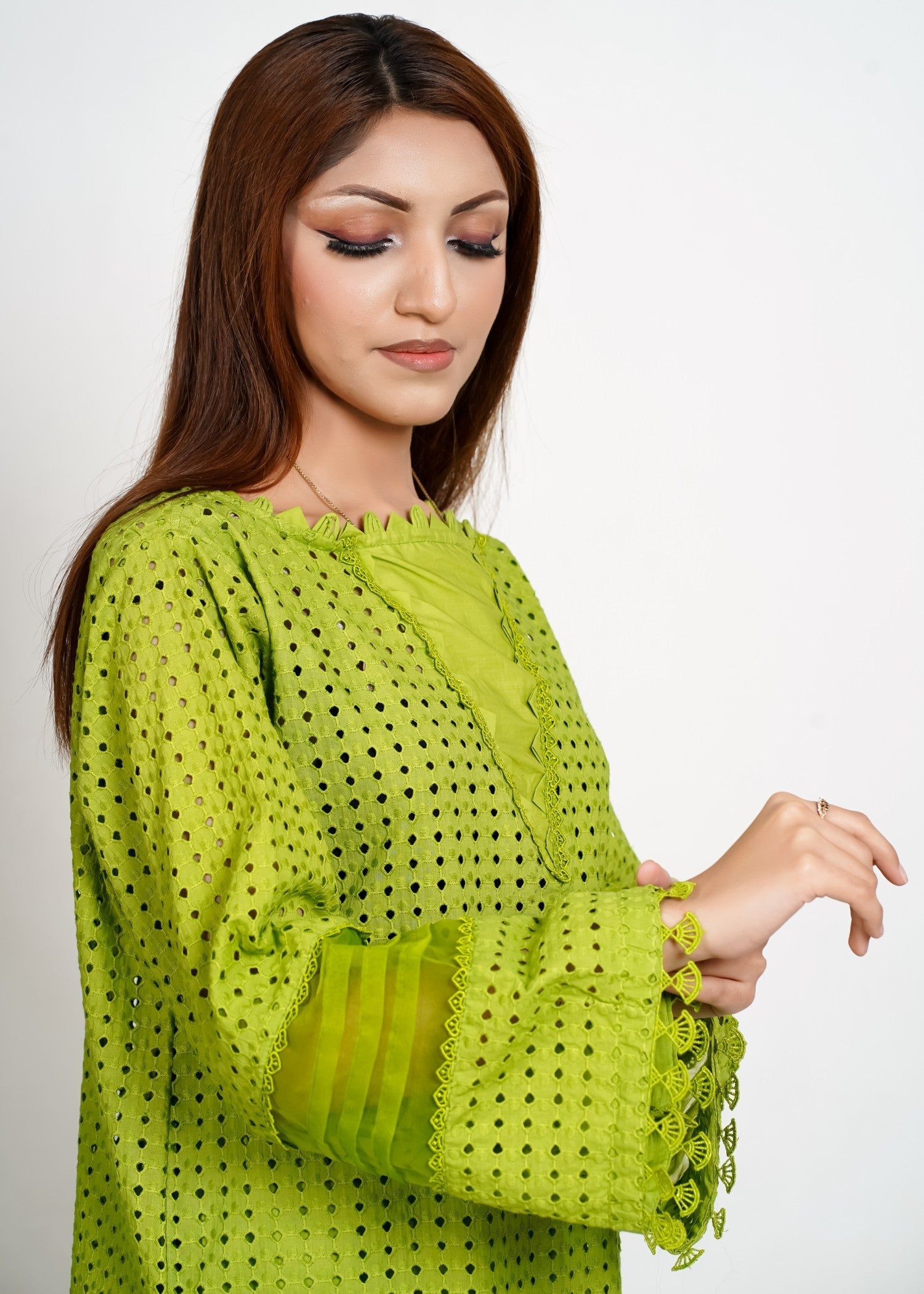 Bint-E-Hussain Chikankari Organza kurta Set Neon Green Women 2pcs