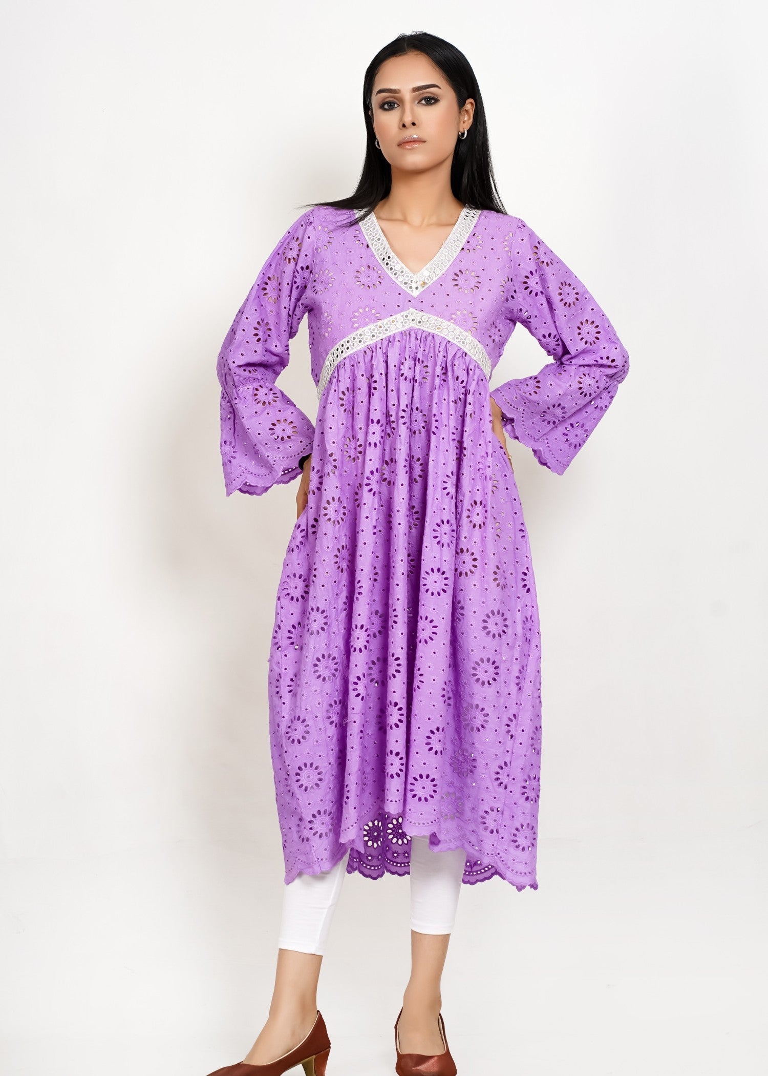 Bint-E-Hussain Chikankari Stylish Frock Lavender Women 1pcs