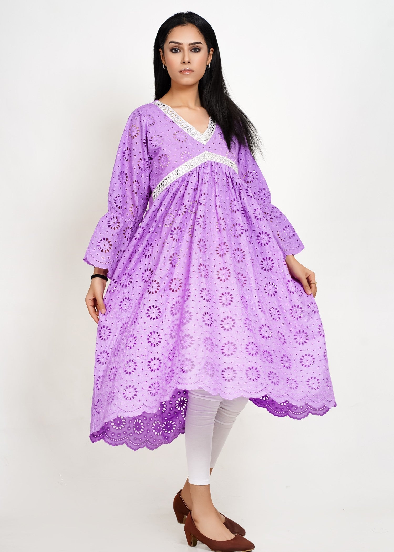 Bint-E-Hussain Chikankari Stylish Frock Lavender Women 1pcs
