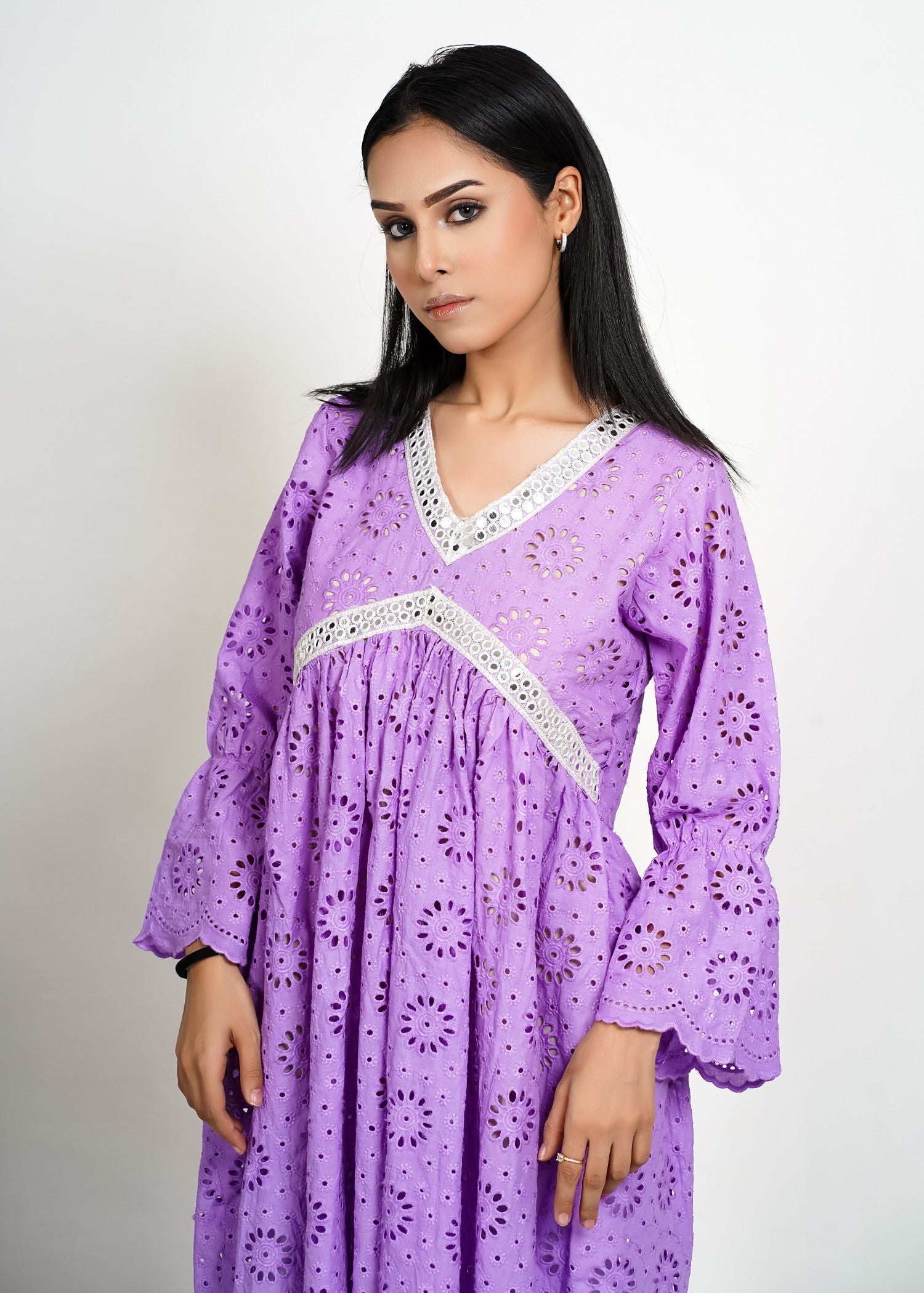 Bint-E-Hussain Chikankari Stylish Frock Lavender Women 1pcs