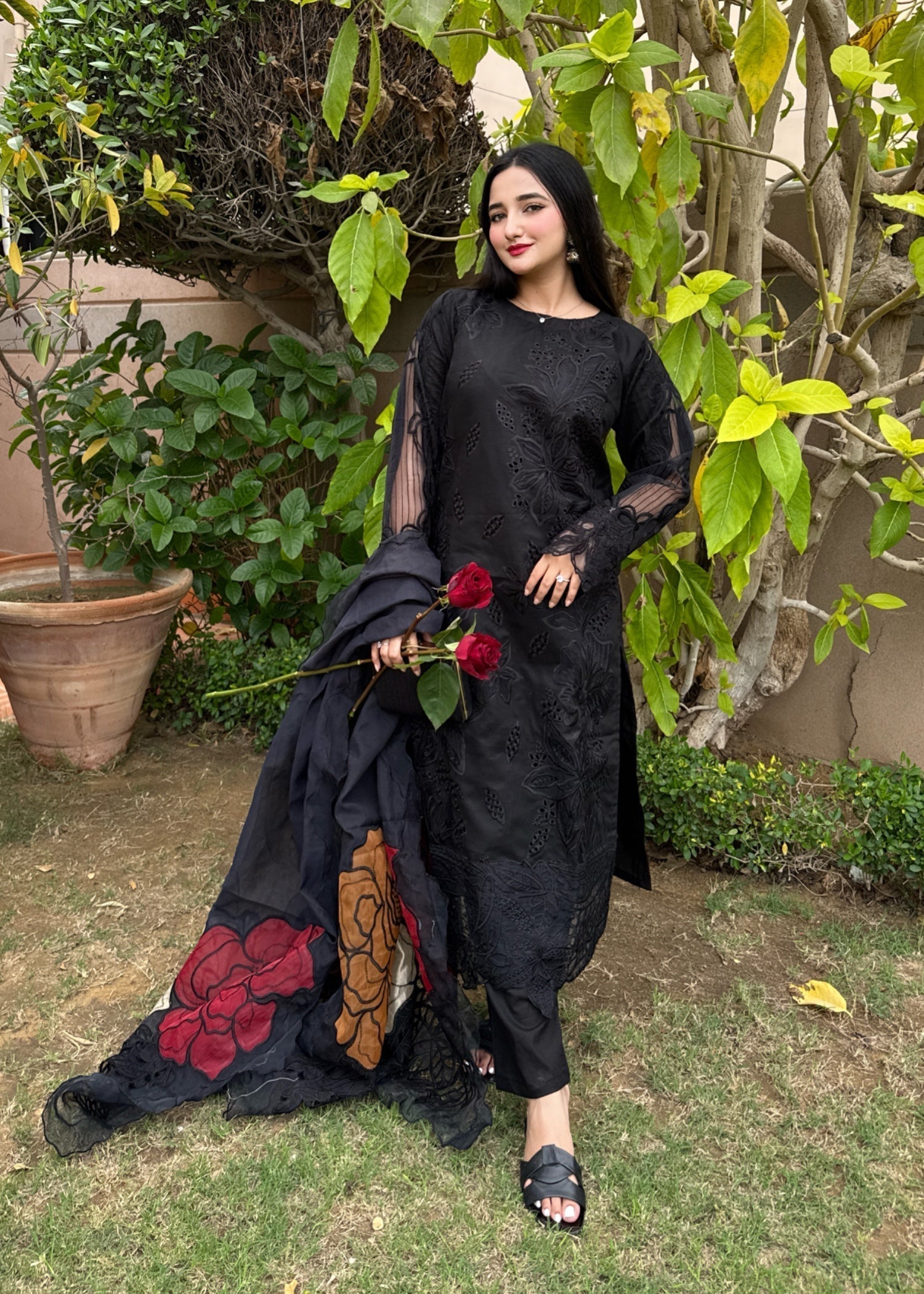 Suits By Sadia Black chiknkari Women 3pcs