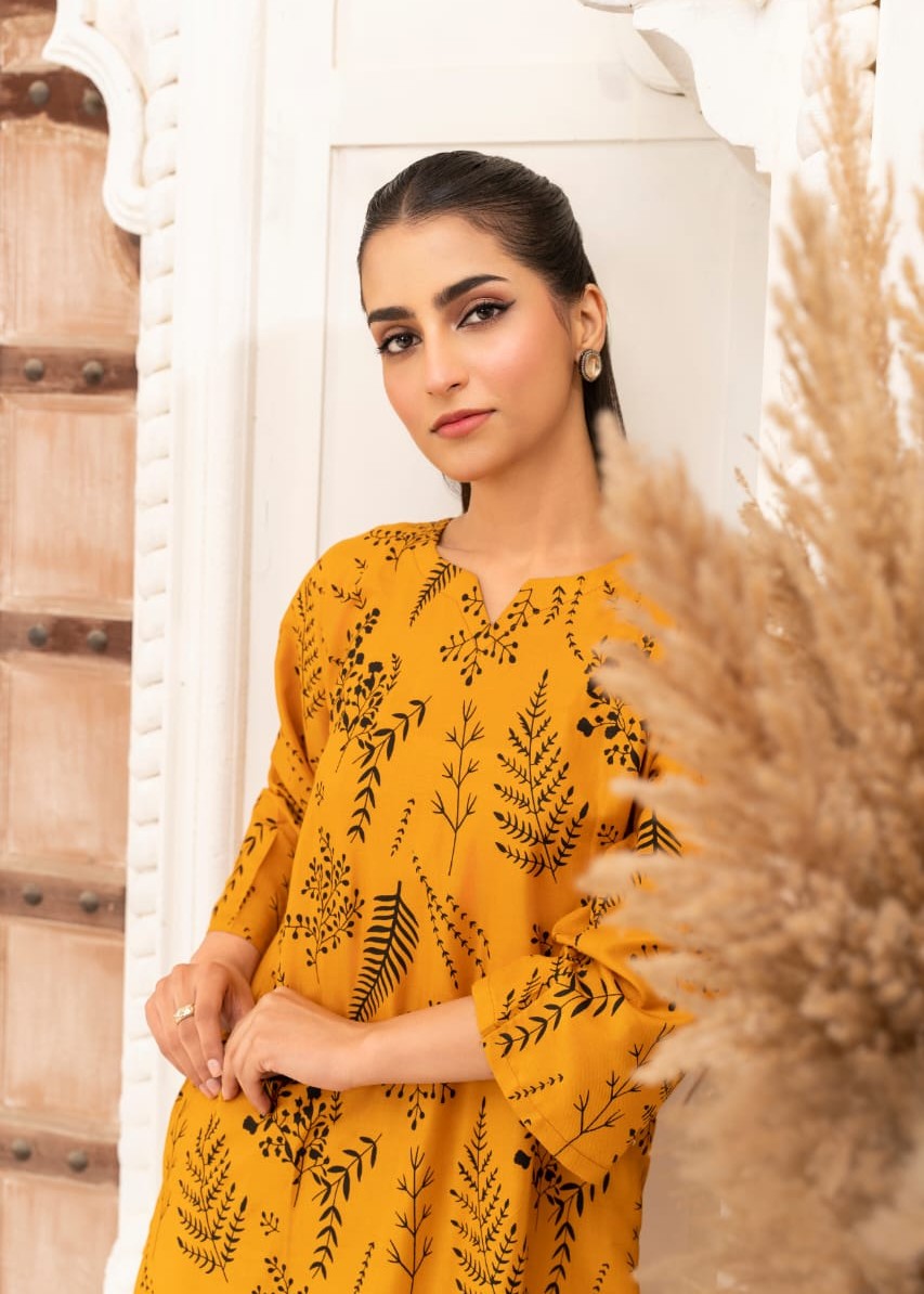 Gulposh FLORAL LEAF (STITCHED ) MUSTARD Women 2pcs