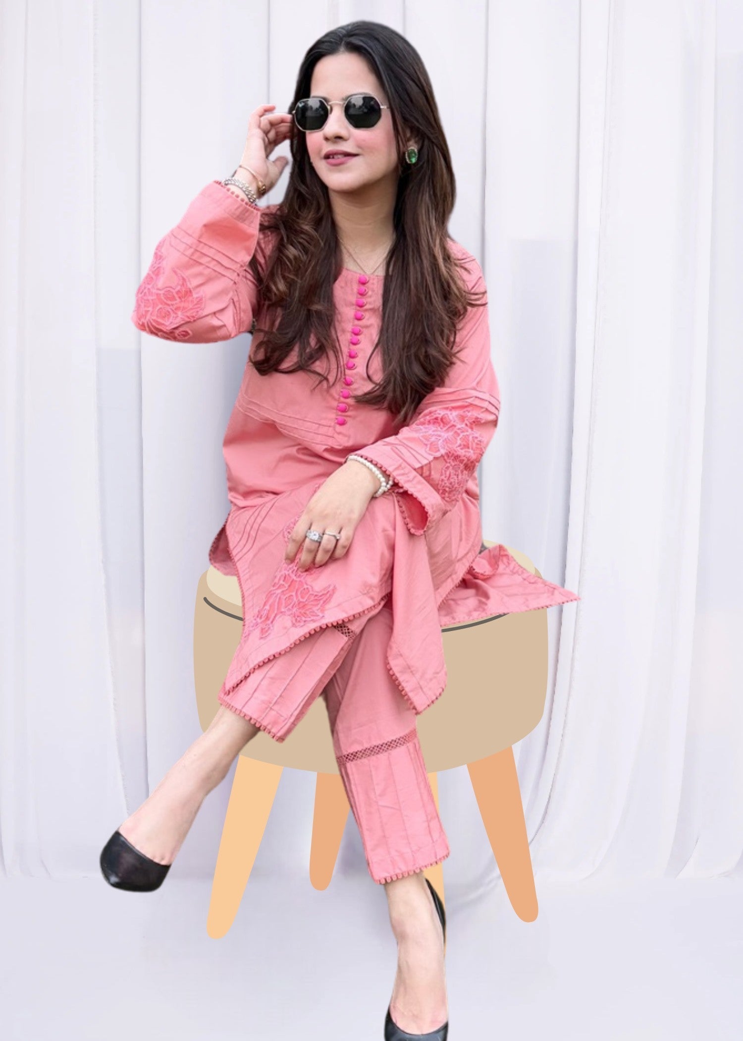 Pretbee Blush Pink Embroidered Winter Co Ord Set Women 3pcs