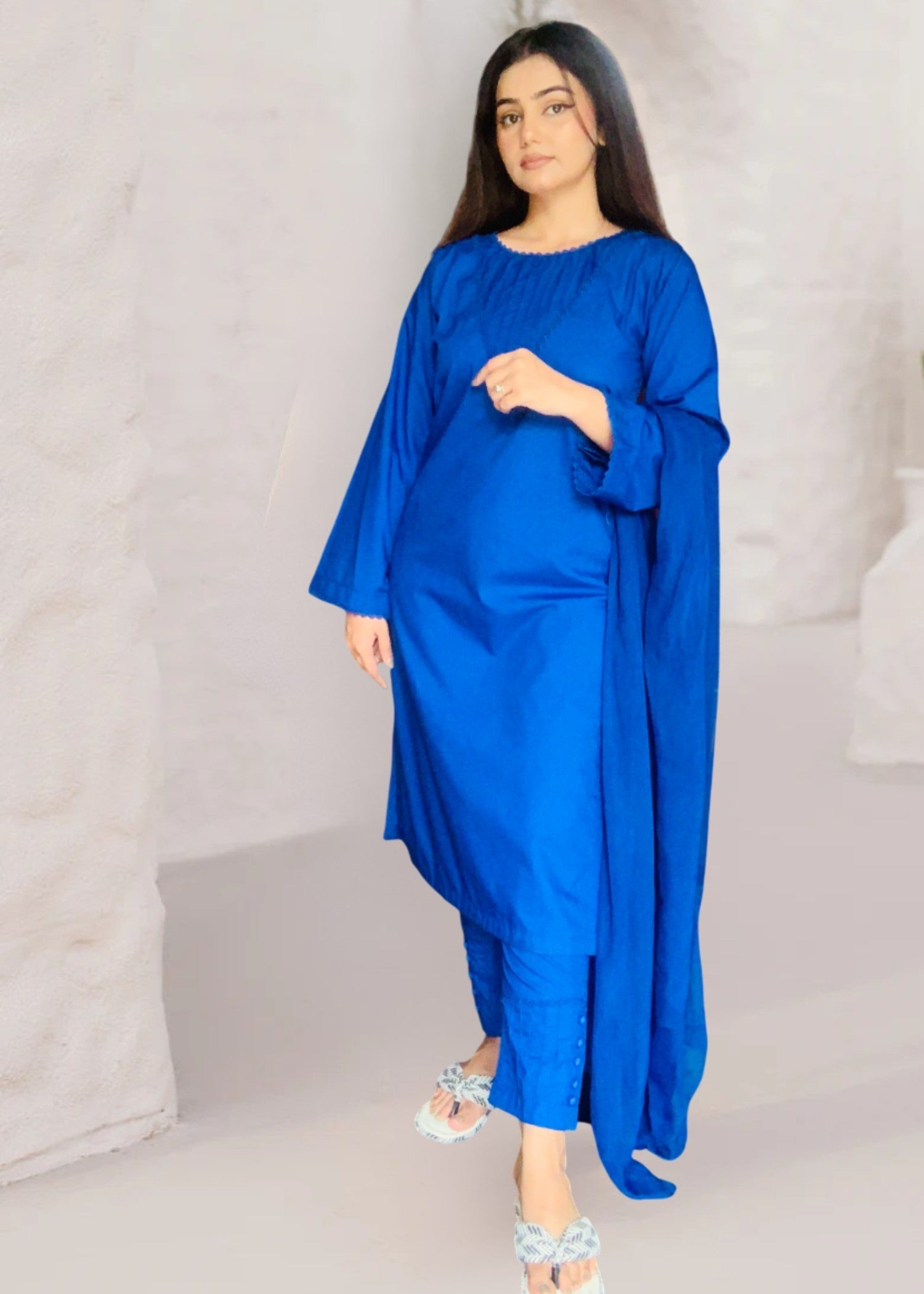 Pretbee Royal Blue Dress with Stylish Trouser Women 3pcs