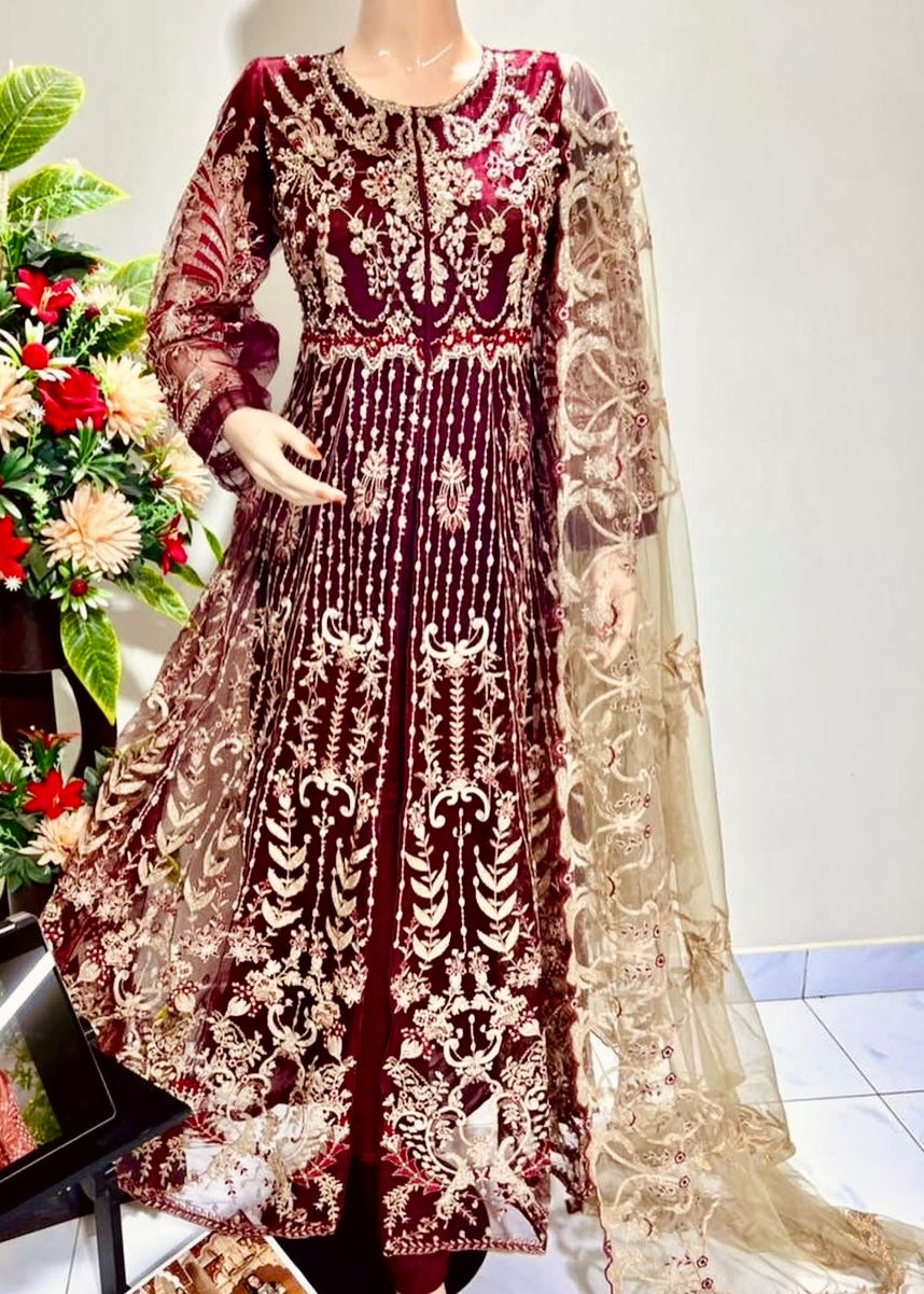 Suits By Sadia Merium mehroon maxi Women 3pcs