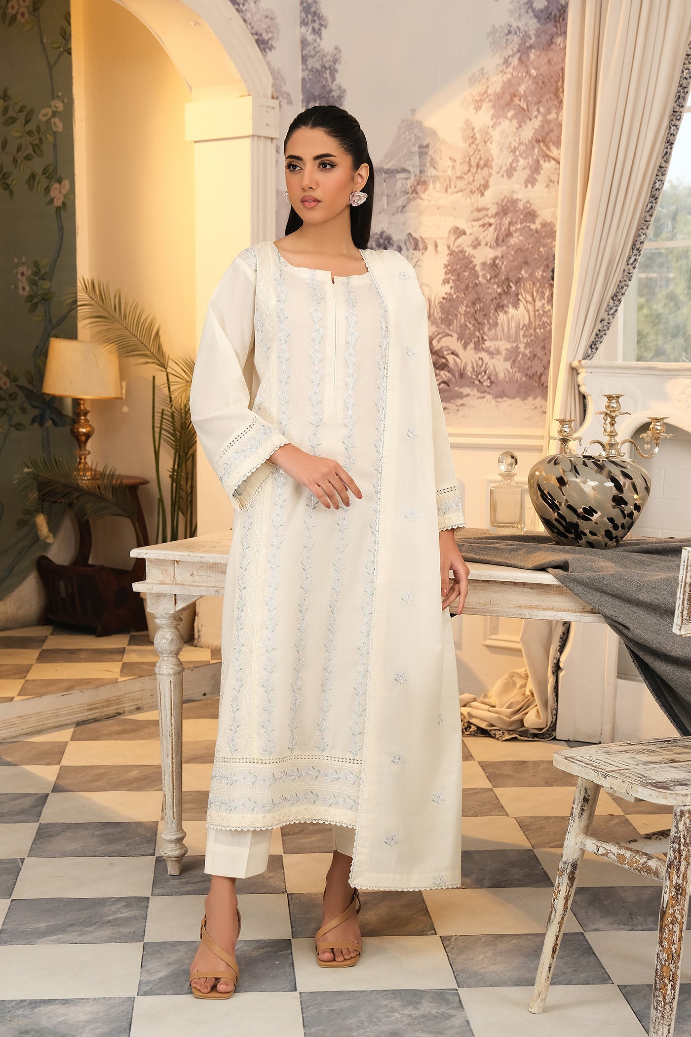 Buzzazi Off White Embroidered Suit Women 3pcs