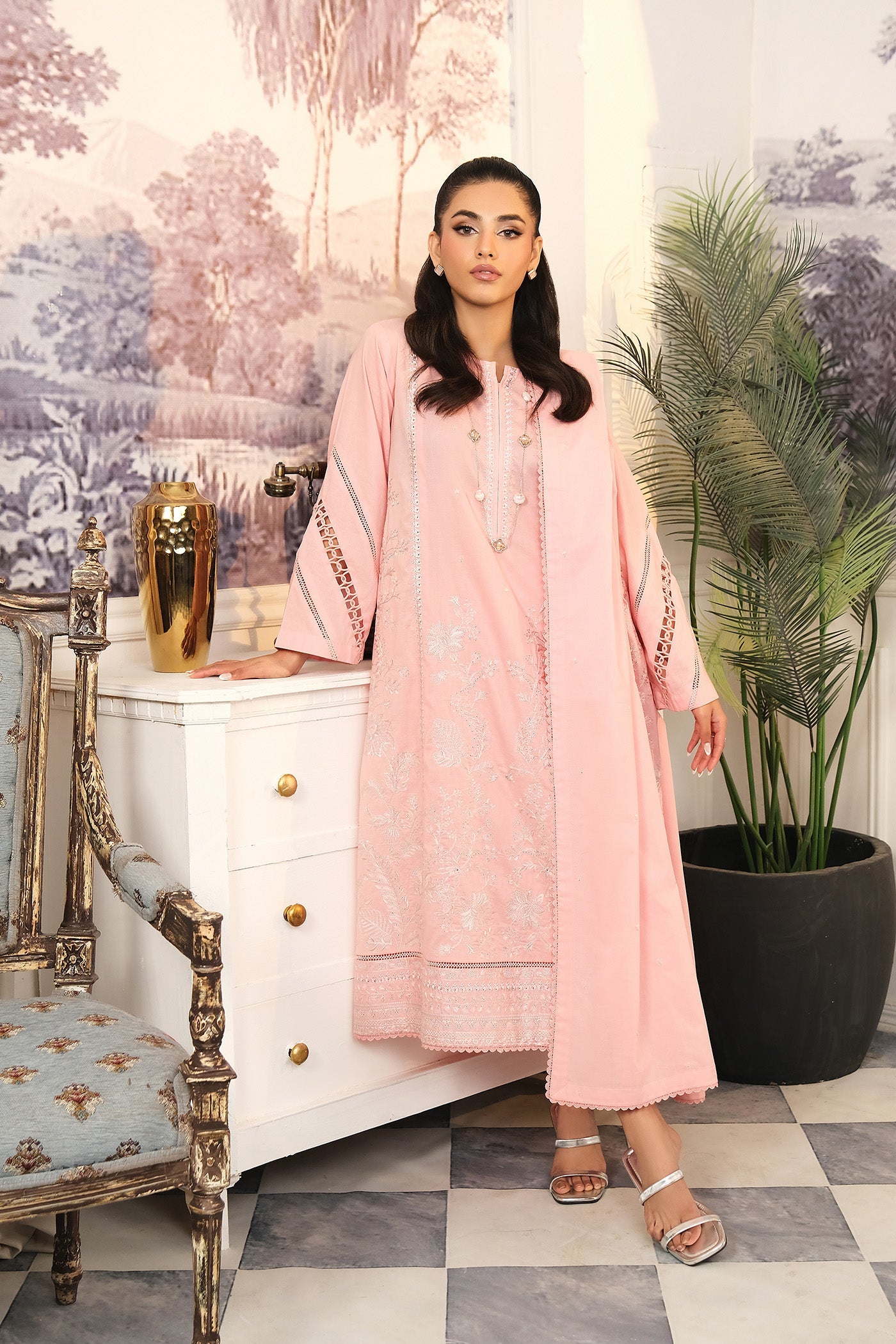 Buzzazi Pink Embroidered Suit Women 3pcs