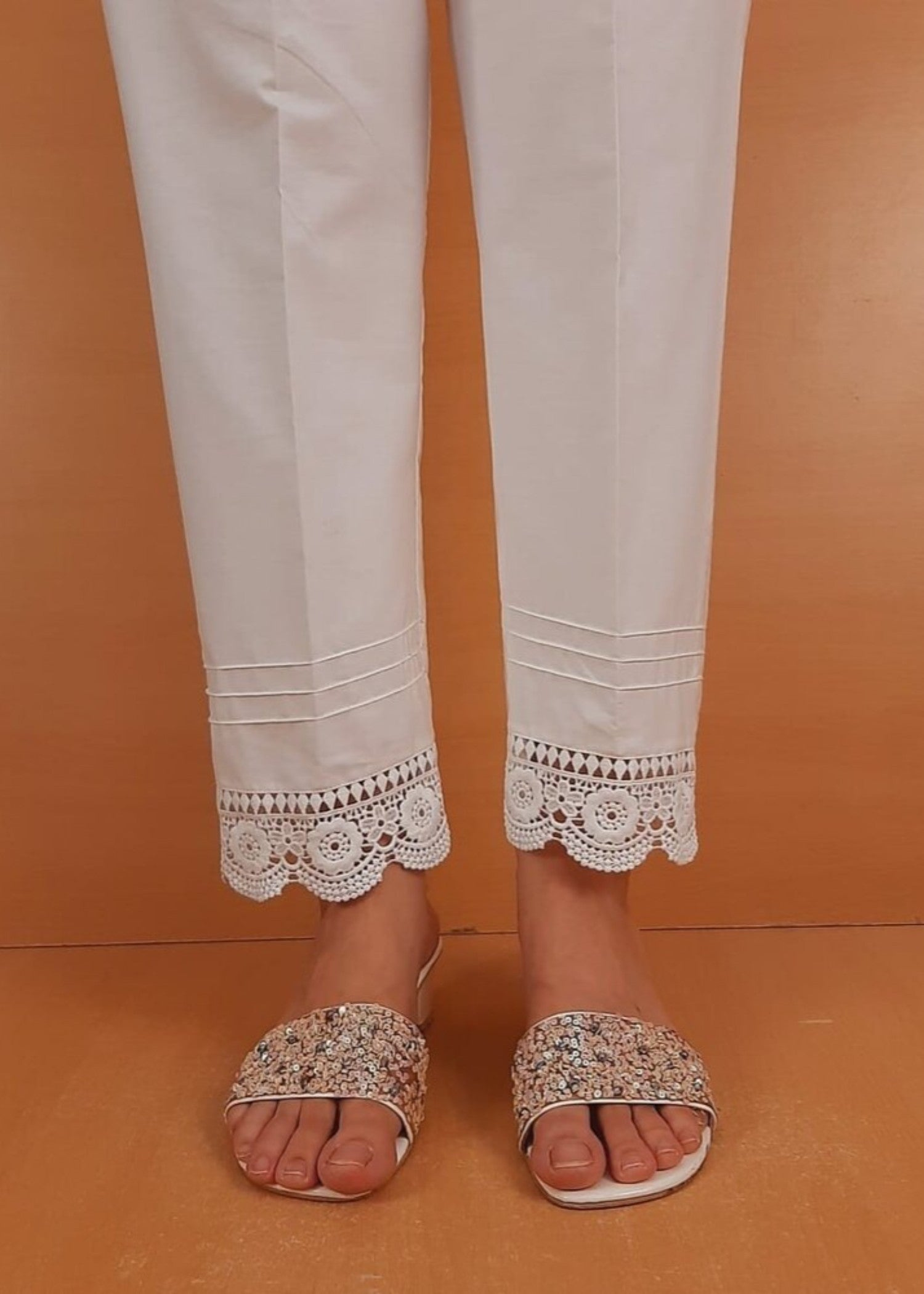Zardi Lace Embellished Trouser Cotton White ZT206 Women 1pcs