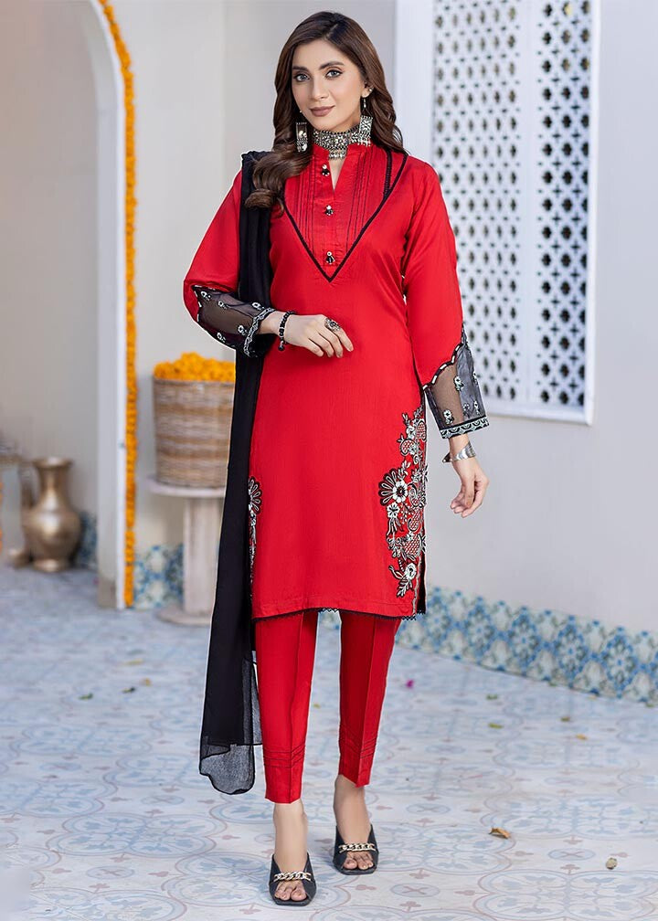 Madame Red Embroidered Viscose Suit 2557 Women 3pcs