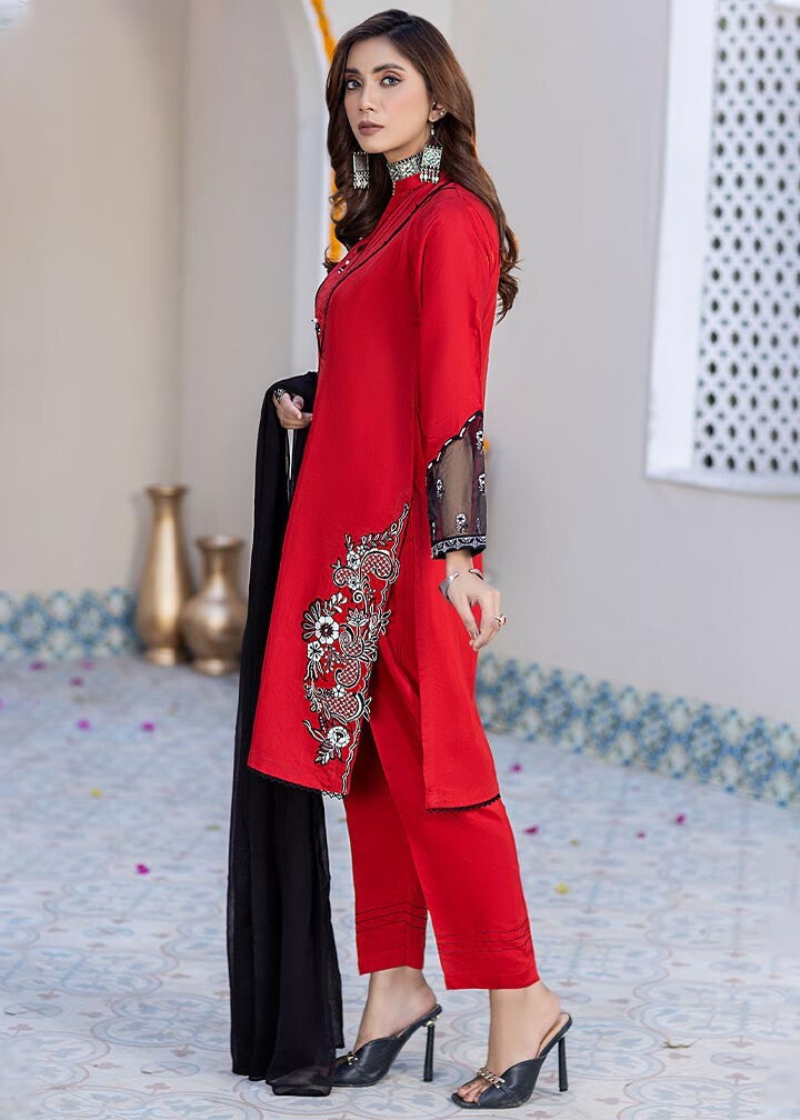 Madame Red Embroidered Viscose Suit 2557 Women 3pcs