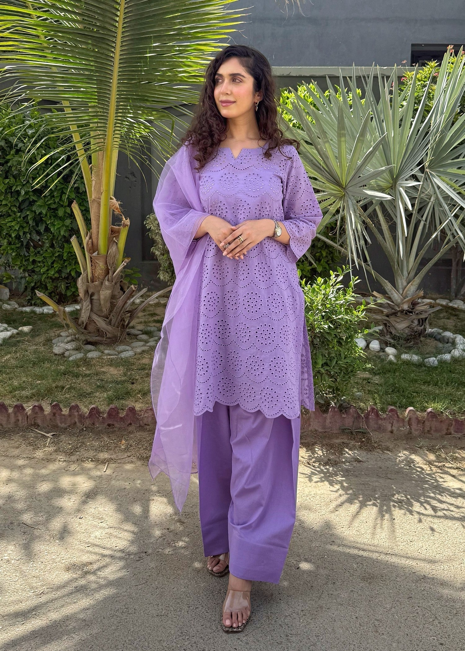 Naaz Couture Farshi Chikankari Shalwar Kameez suit Lilac Women 3pcs