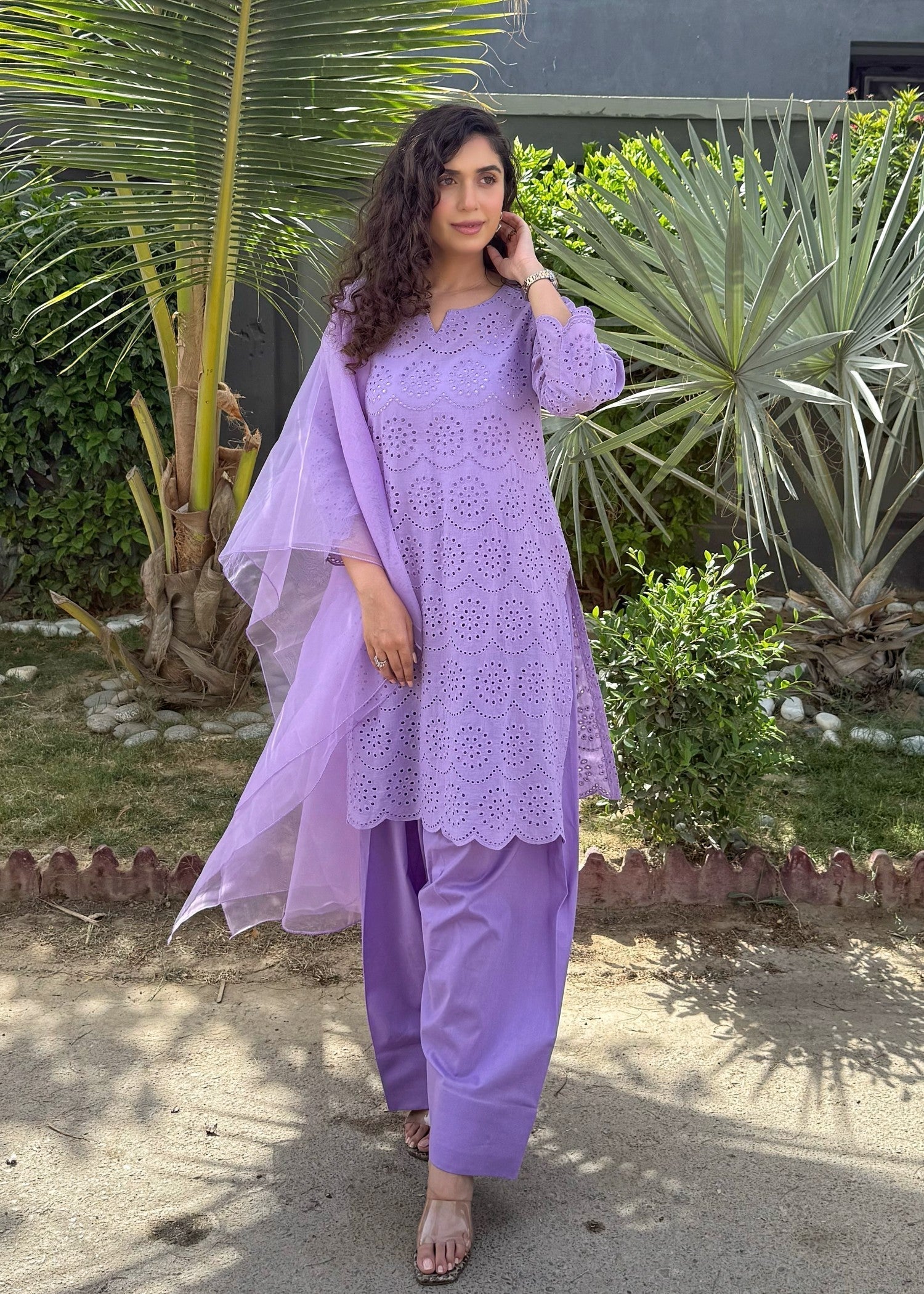 Naaz Couture Farshi Chikankari Shalwar Kameez suit Lilac Women 3pcs