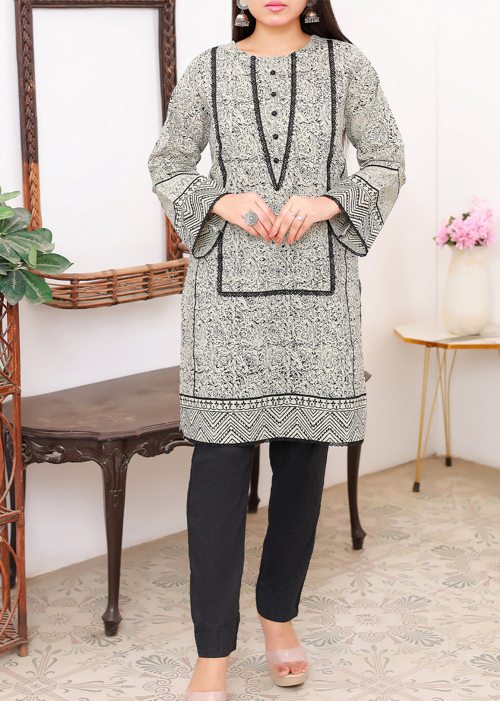 Green Block print Kurti Stitched black and white Women 1pcs