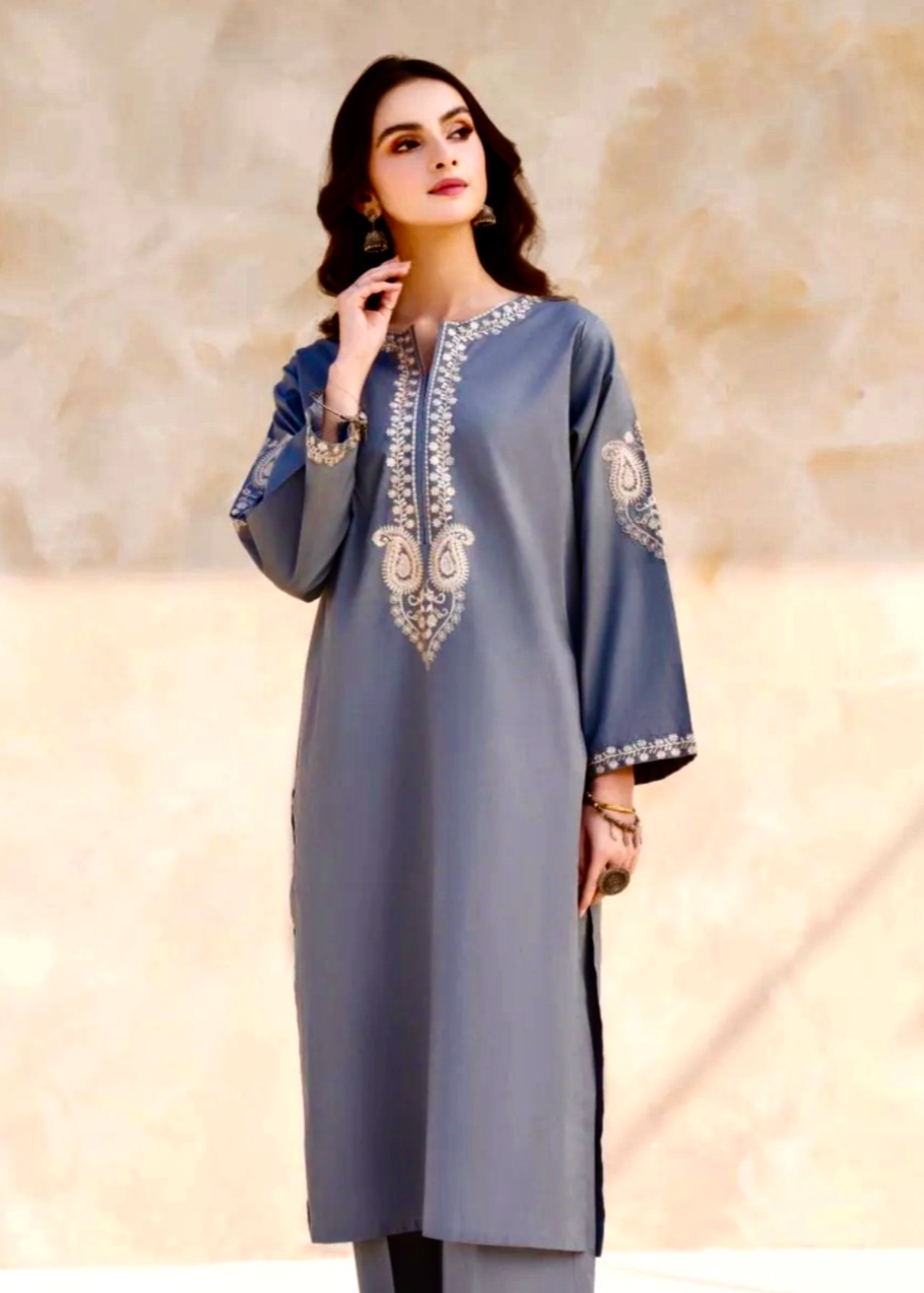 Sajfi Closet Ash Grey Embroidered Stitched Suit for Women Women 2pcs