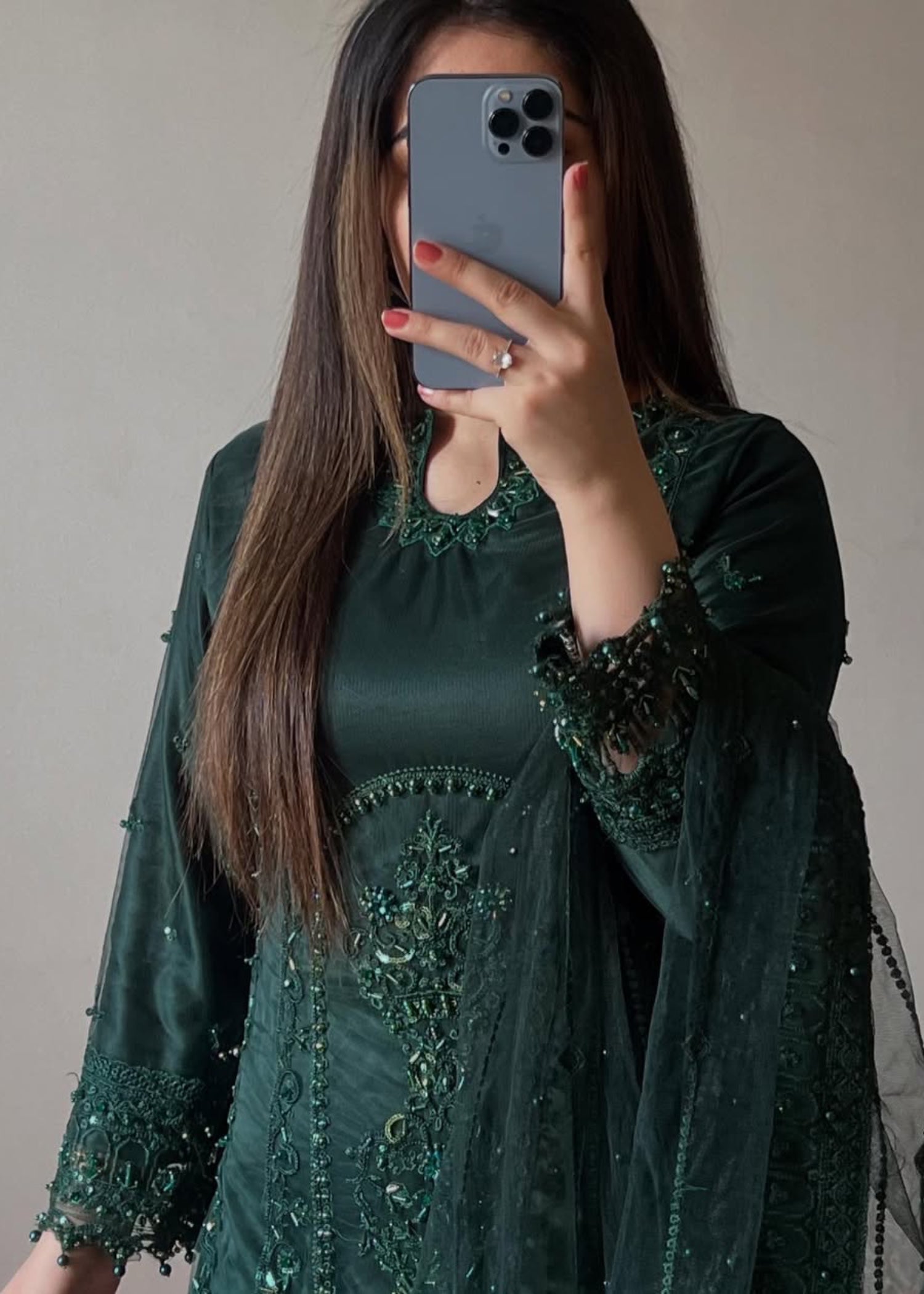 Suits By Sadia Bottle green net Women 3pcs