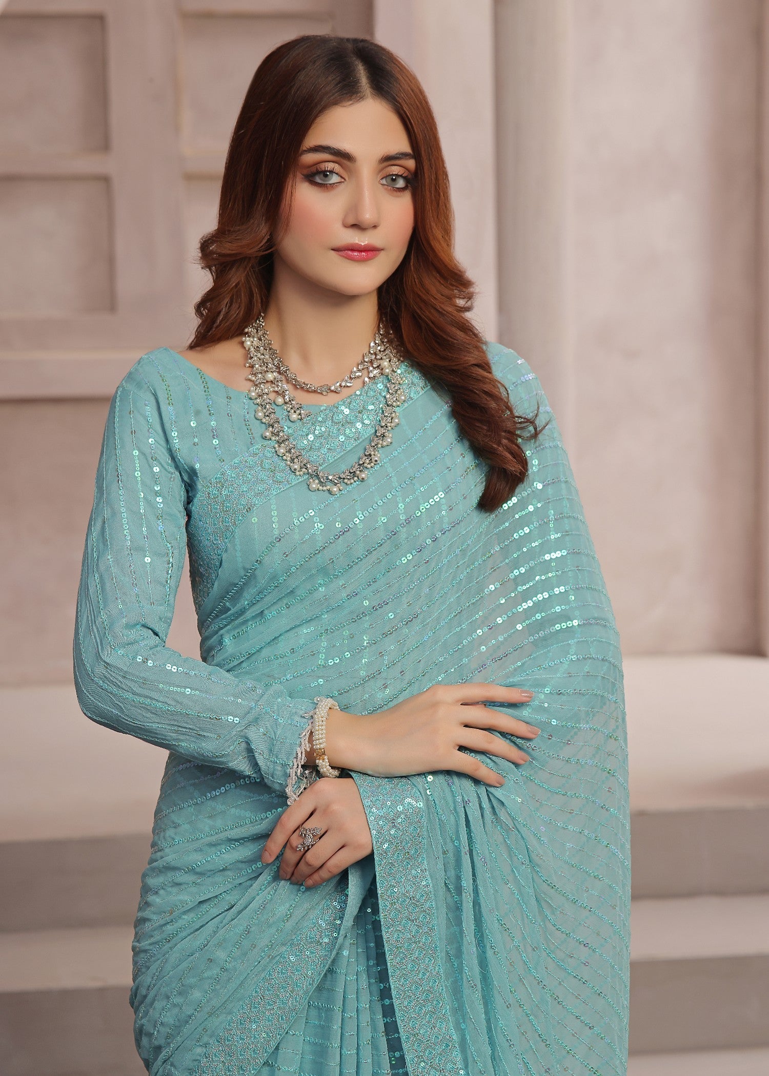 Luxeurs Ice blue Stitched Chiffon Saree Women 3pcs