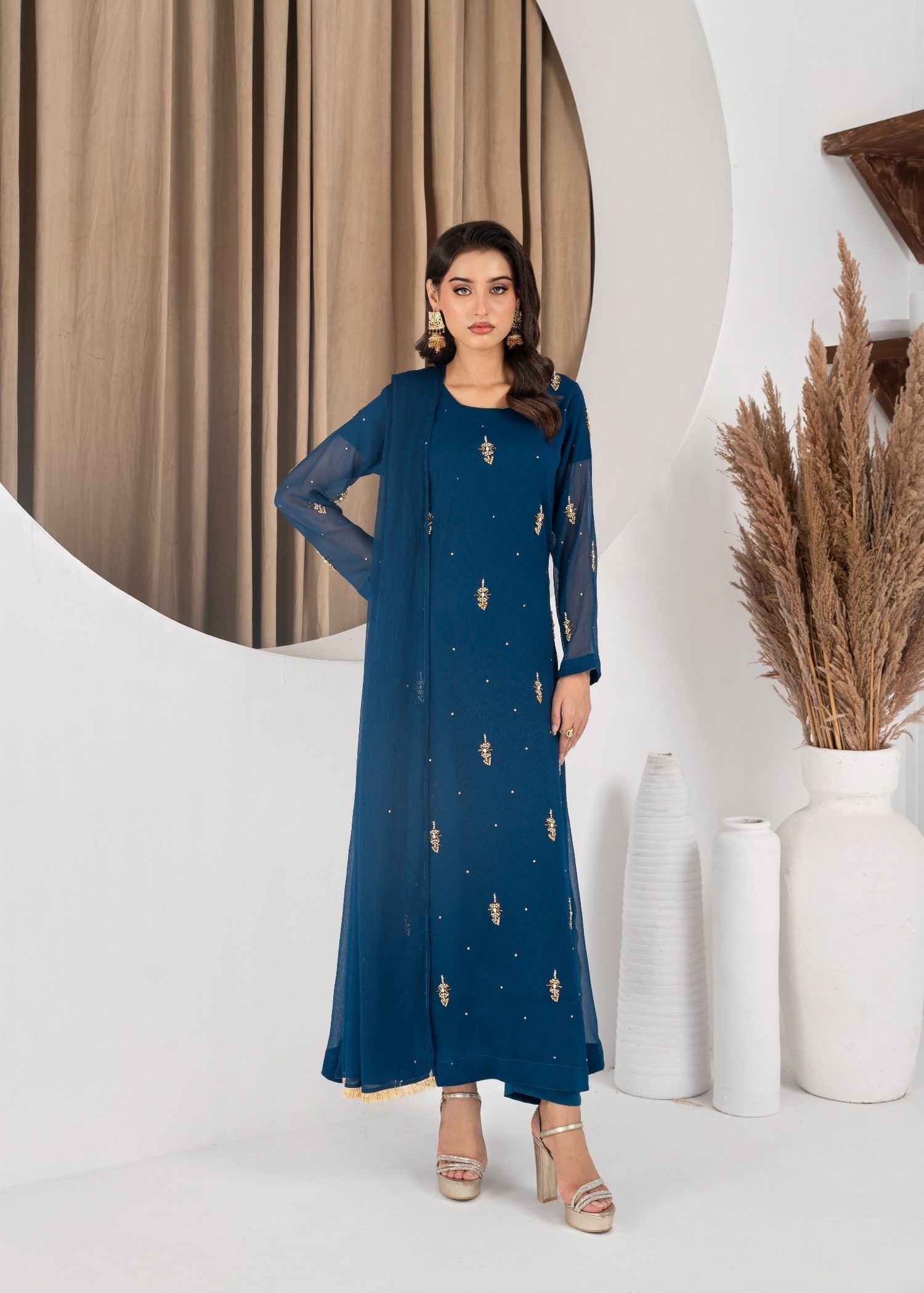 Hkb Officials Jasmine Midnight Teal Chiffon Flare Frock Women 3pcs