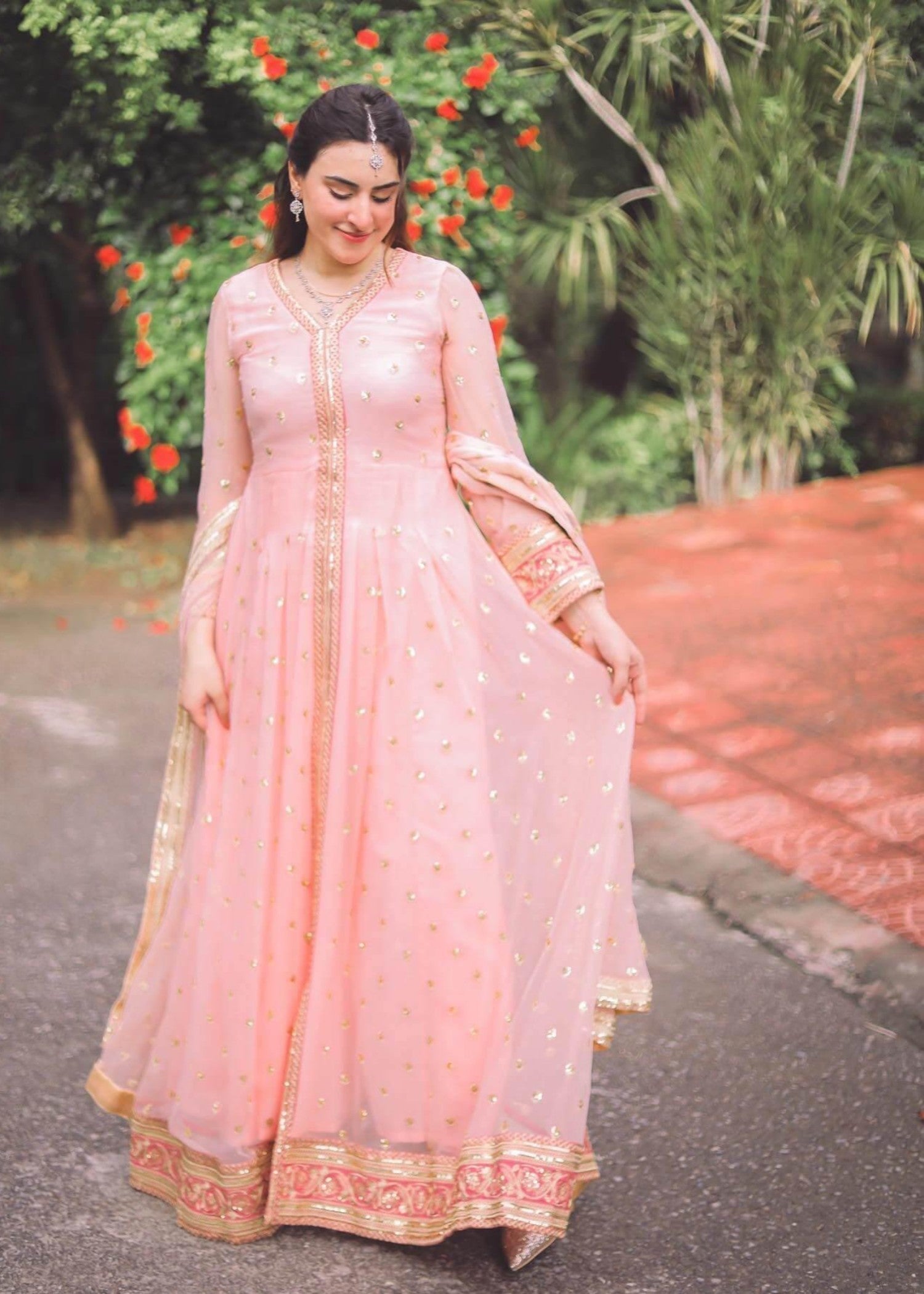 Akhrot Clothing Pink Flared Frock Women 3pcs