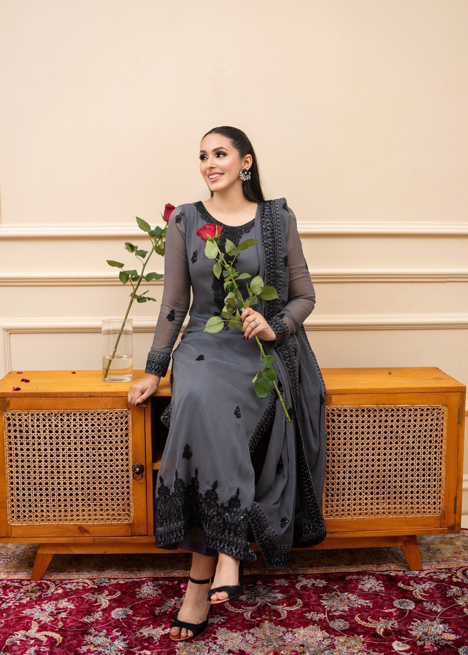 Alyssa GREY CHIFFON SUIT ALL308 Women 3pcs