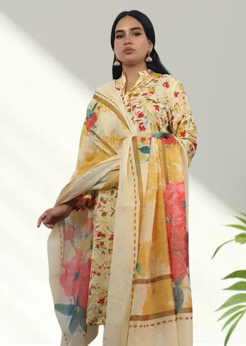 Namal Zara Ltd Summer Pret Lawn Light Yellow Floral Design Women 3pcs