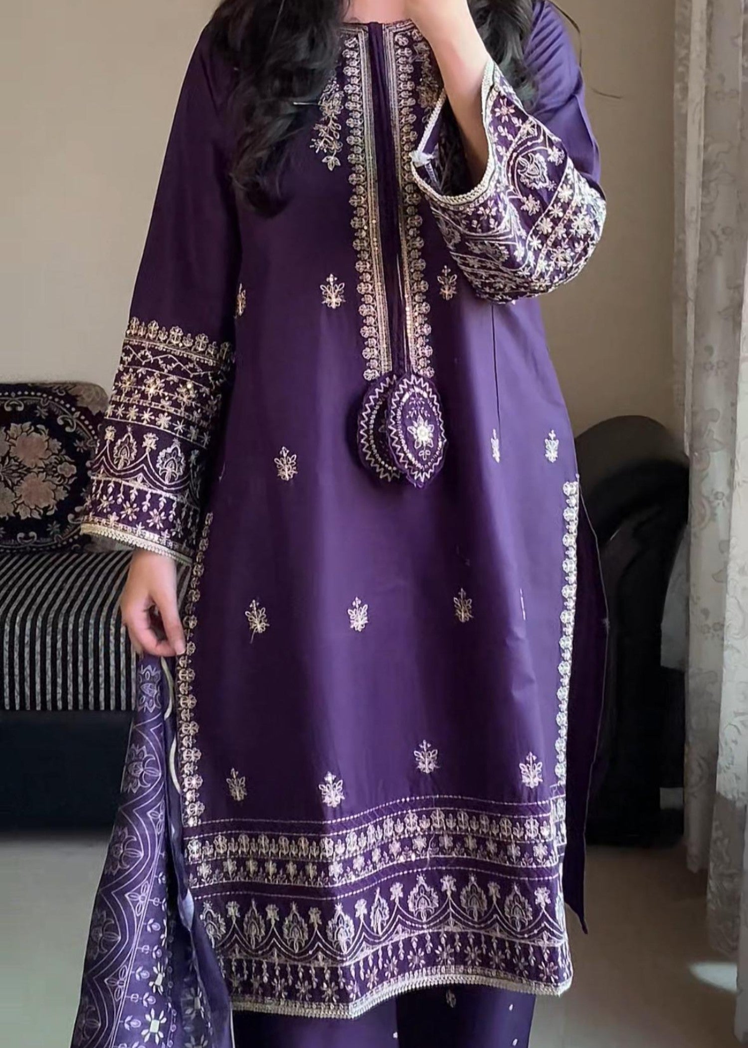 Attirepret Royal Purple Embroidered Cotton Suit – By Women 3pcs