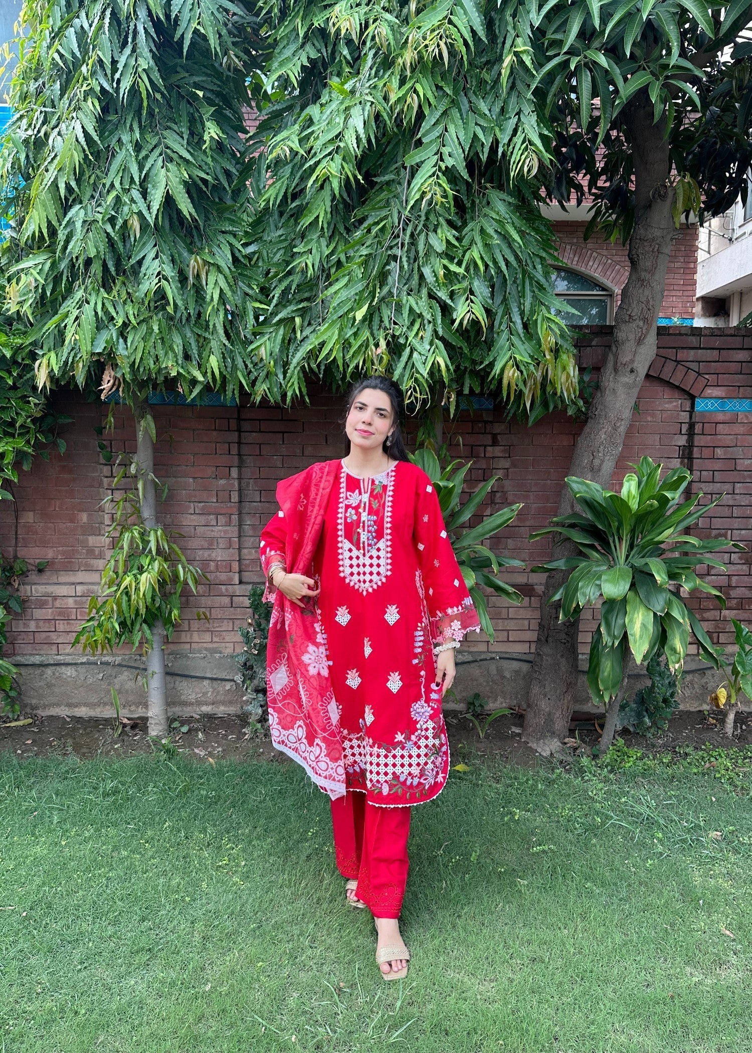 Attirepret Radiant Red Embroidered Cotton Suit by Women 3pcs