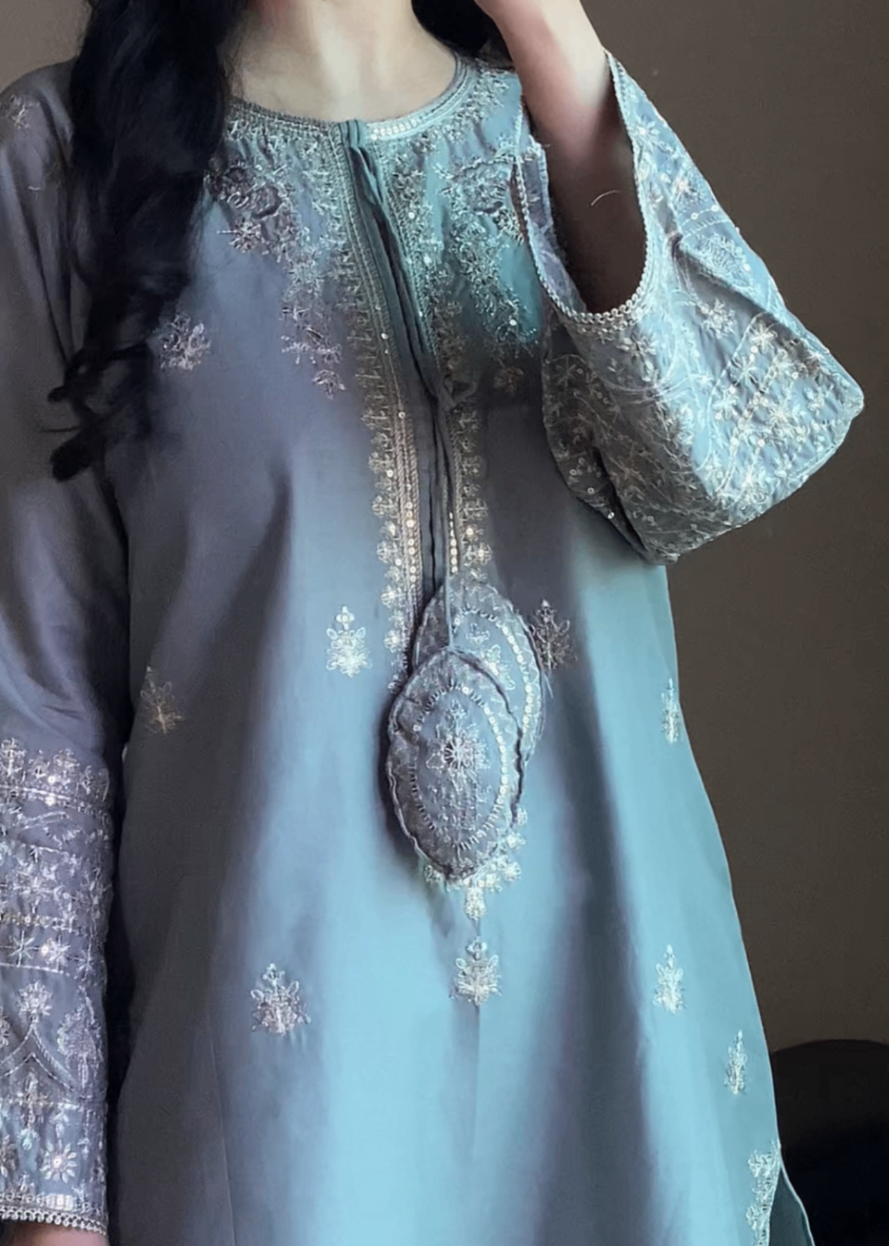 Attirepret Pastel Grey Embroidered Cotton Suit – By Women 3pcs