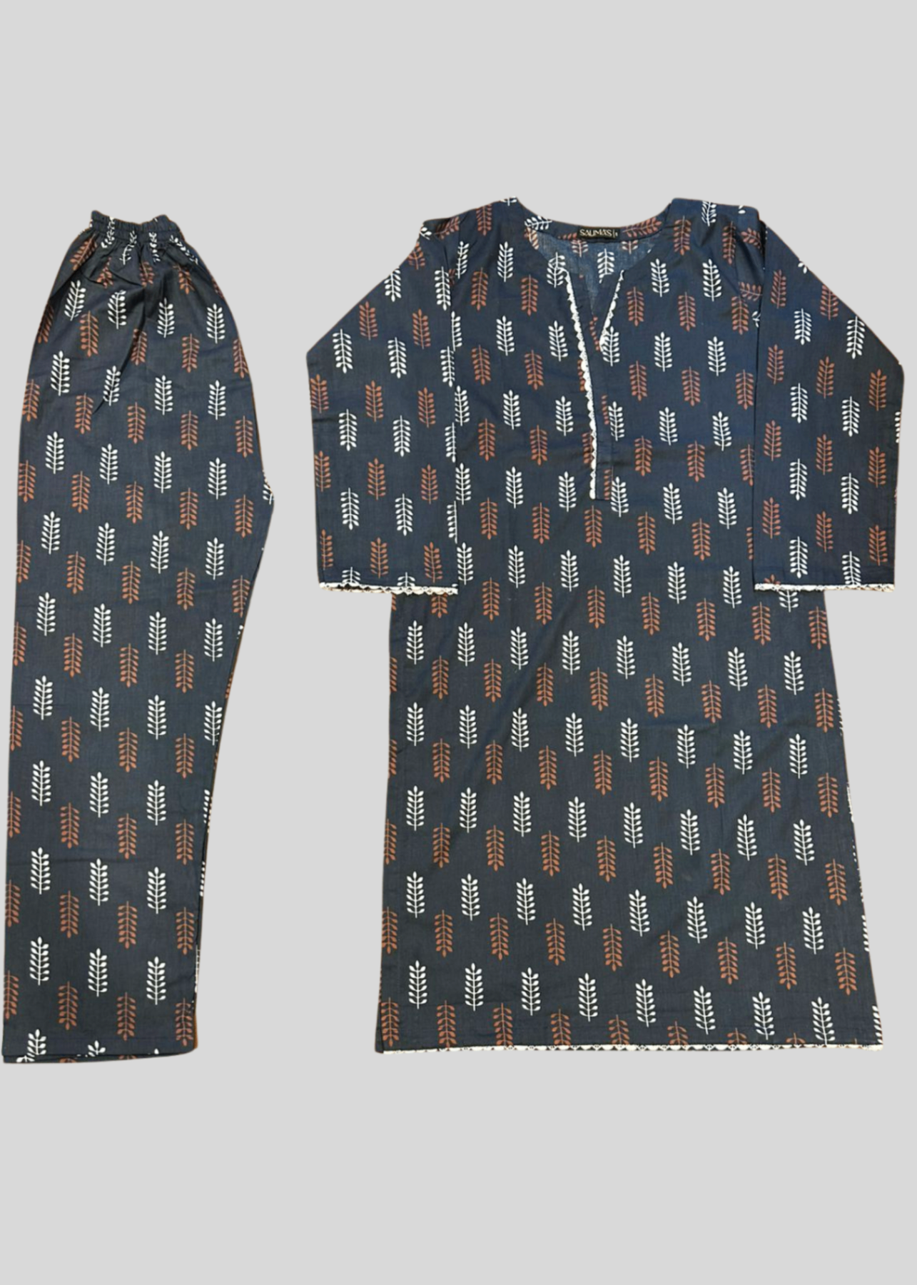 Salimas Women’s Stitched Lawn Suit – Navy Blue with White & Rust Leaf Print (Spring Collection) Women 2pcs