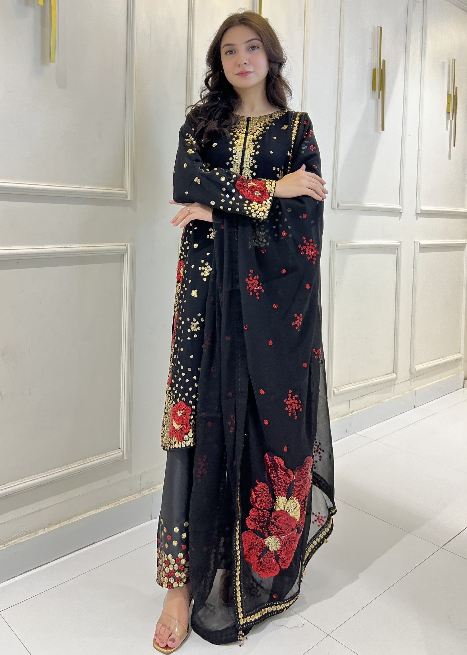 Shrenz Pret Shrenz Black Sequence Pret Chiffon Women 3pcs