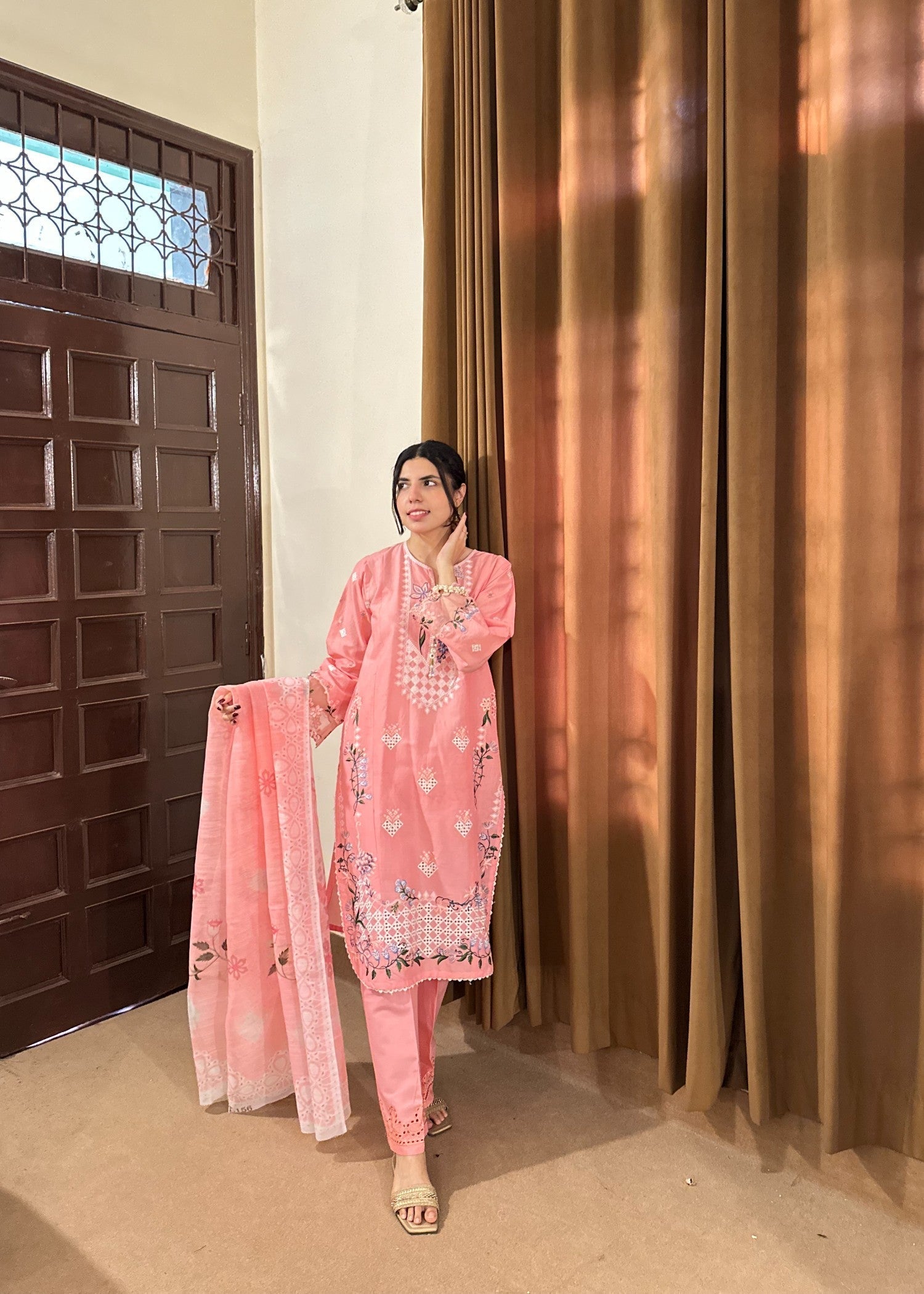 Attirepret Soft Pink Cotton Embroidered Women 3pcs