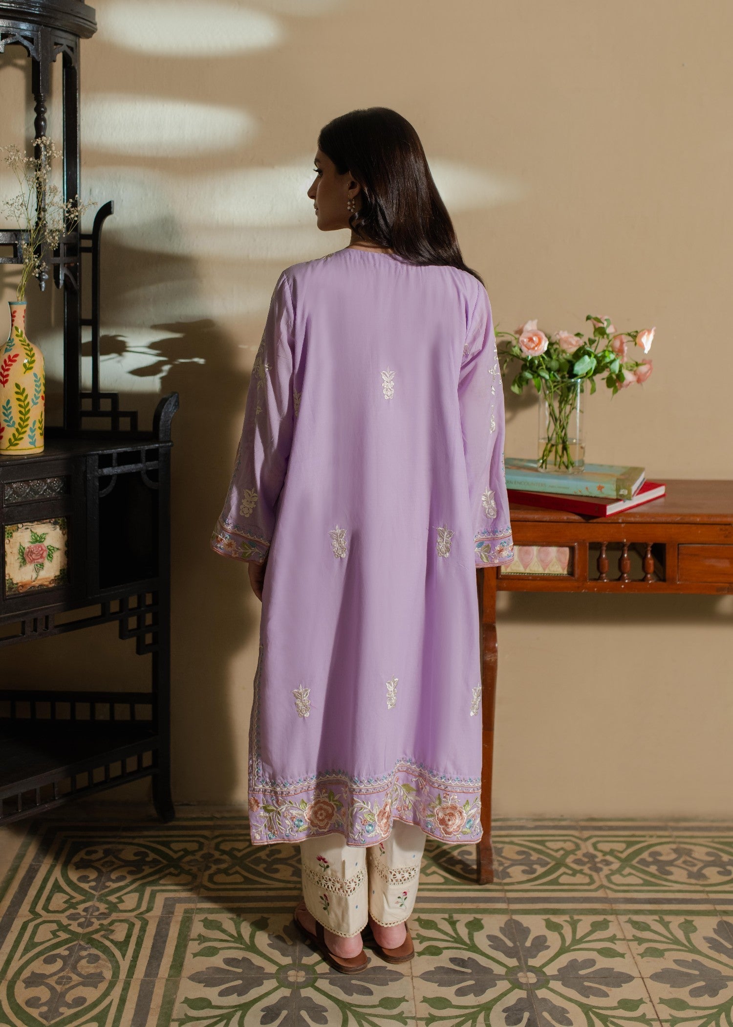 Azulie Lavender Embroidered Kurta by Women 1pcs