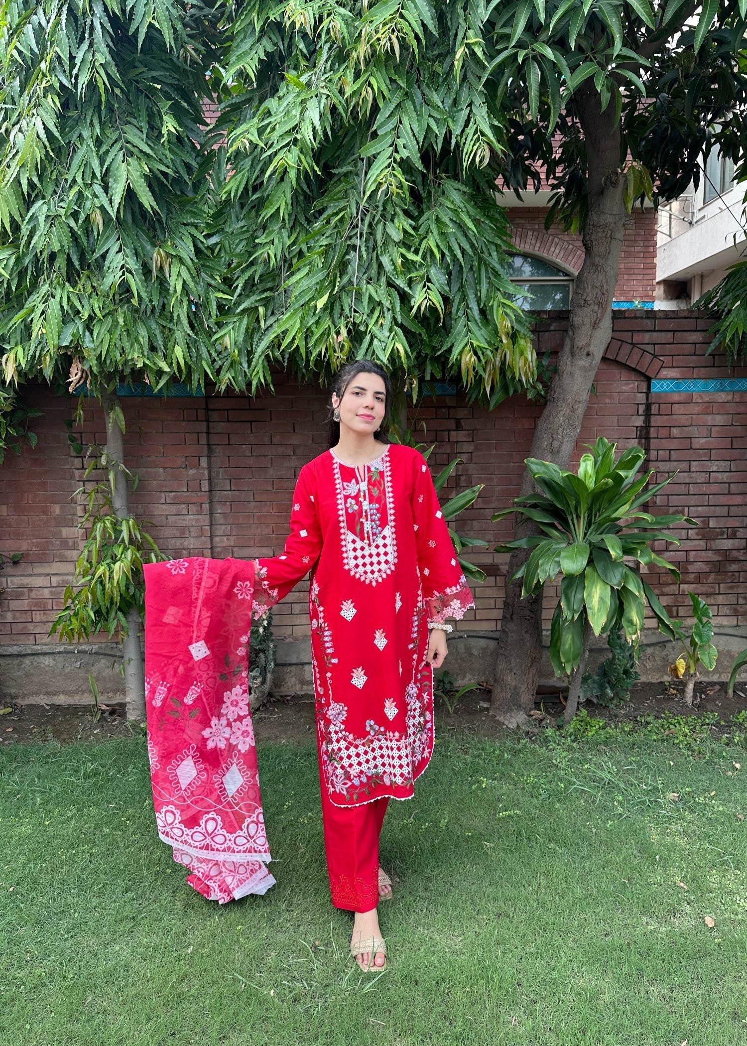 Attirepret Radiant Red Embroidered Cotton Suit by Women 3pcs
