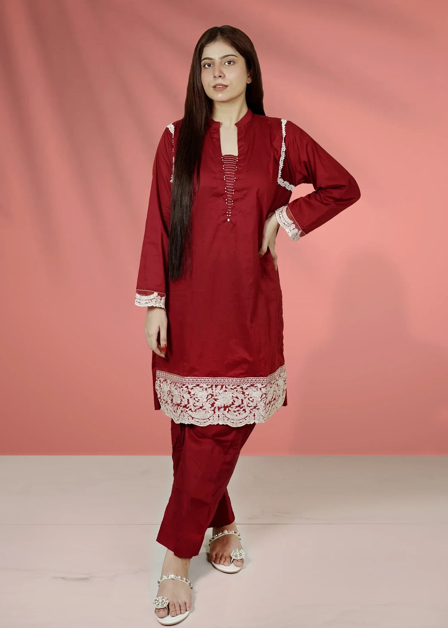 Urban Cut Cotton Embroidered Suit Red Women 2pcs