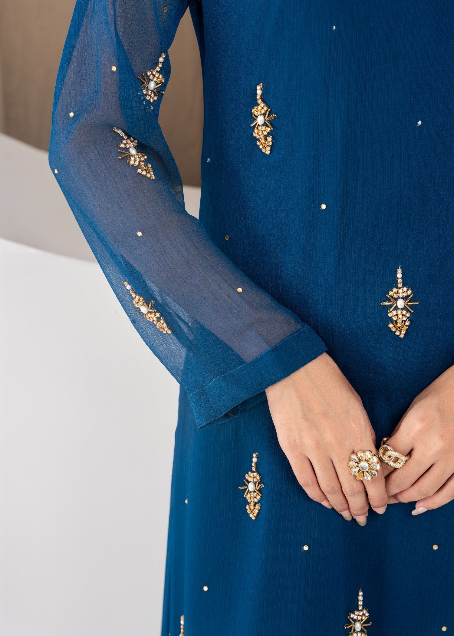 Hkb Officials Jasmine Midnight Teal Chiffon Flare Frock Women 3pcs