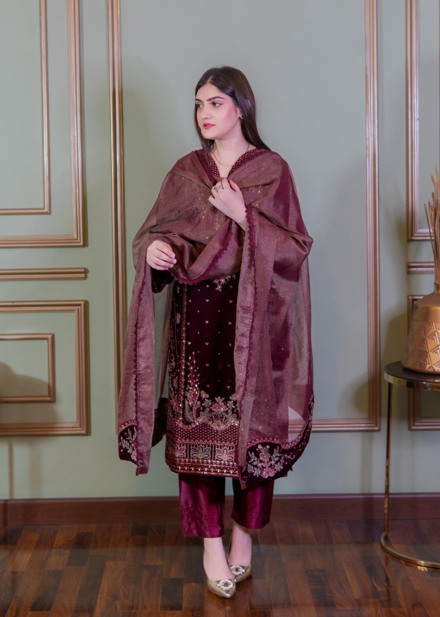 Rangoon Clothing Roshana Maroon Velvetine Women 3pcs