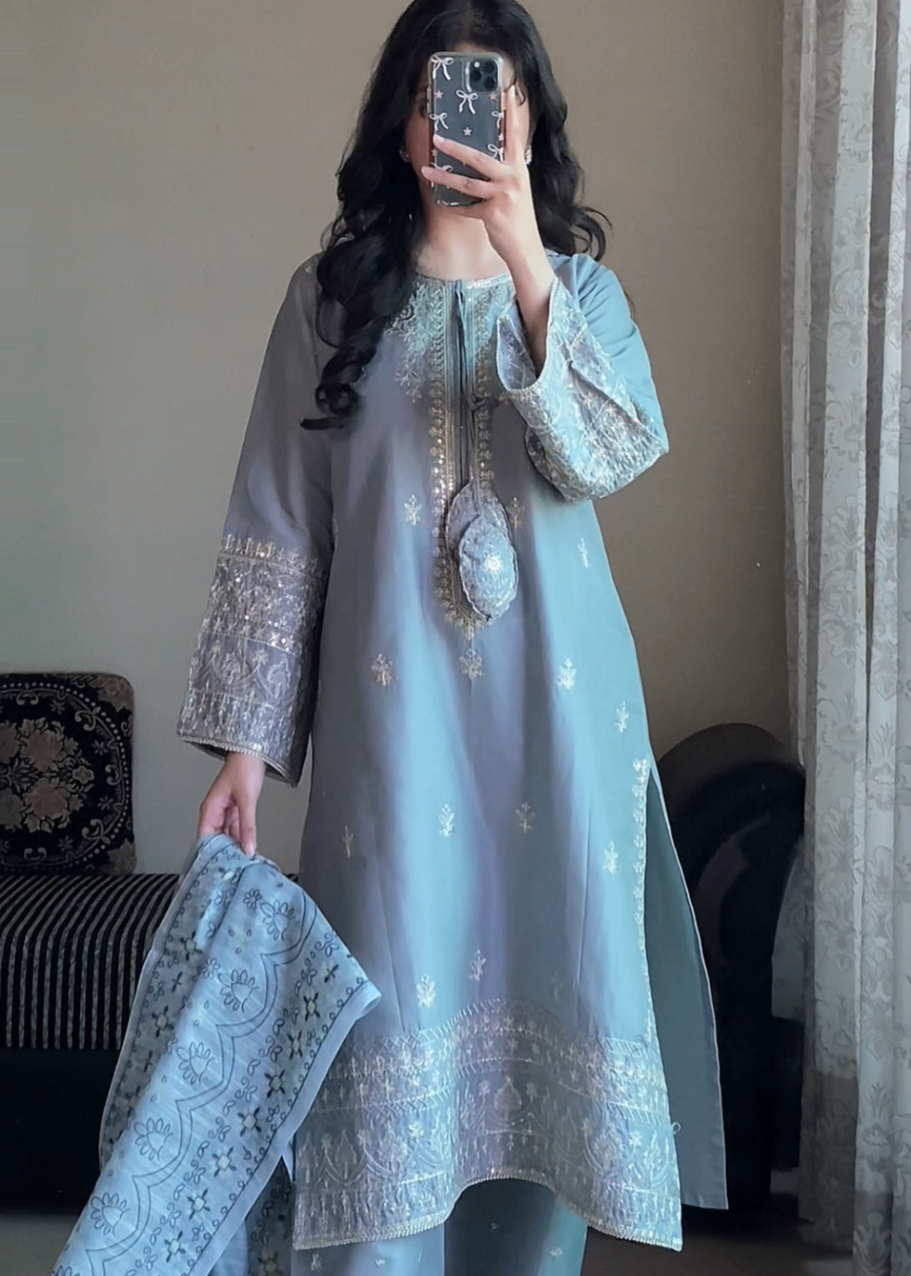 Attirepret Pastel Grey Embroidered Cotton Suit – By Women 3pcs