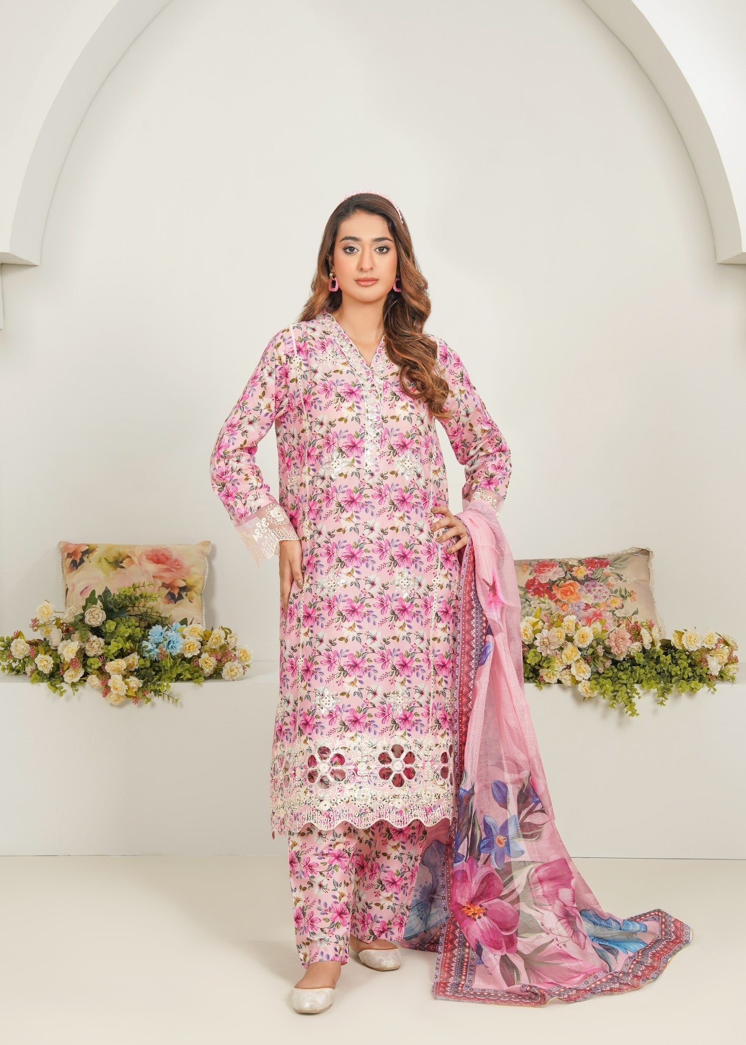 Dareechay Pink Blush Bloom Print Suit FOP31 Women 3pcs