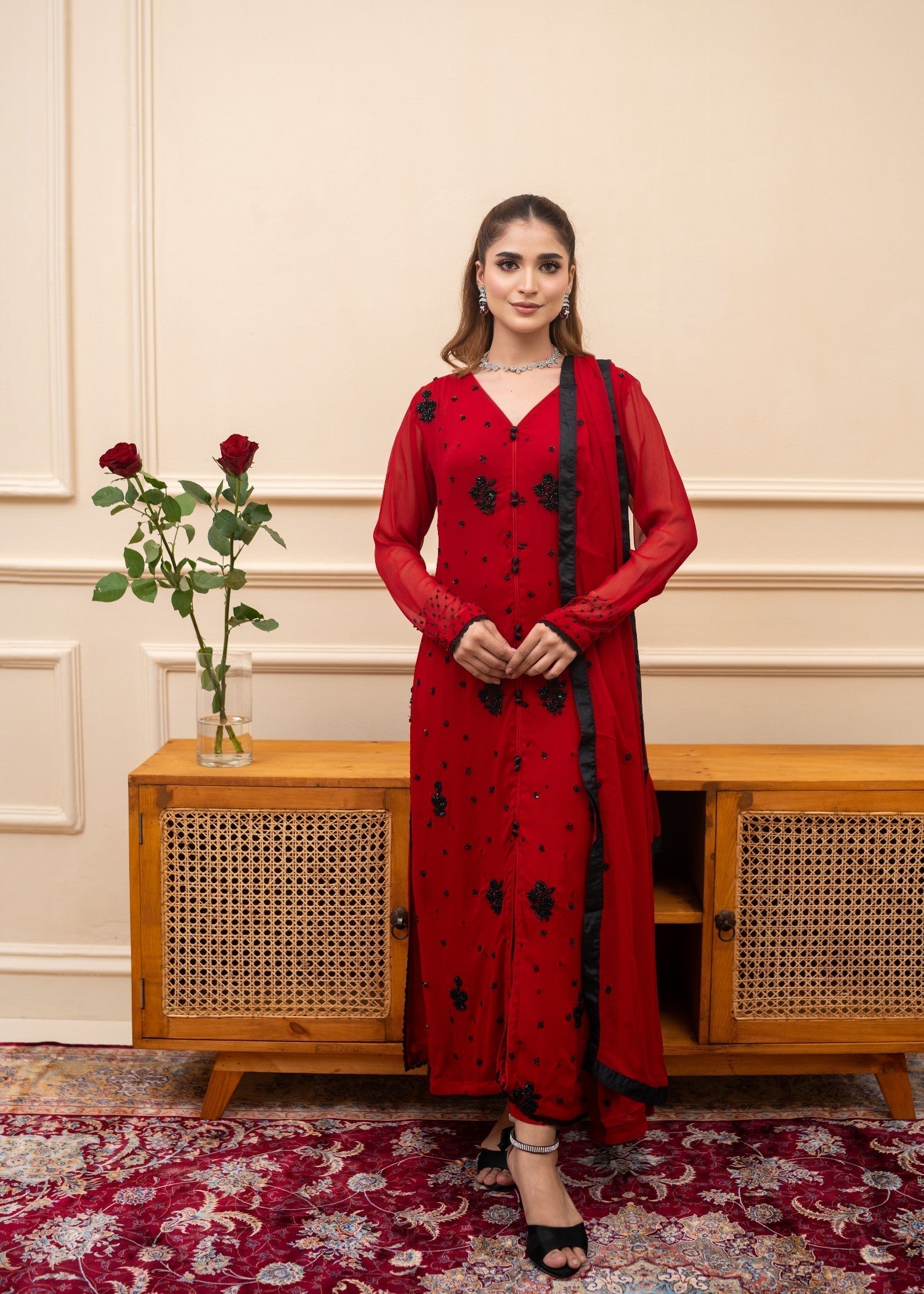 Alyssa RED CHIFFON SUIT ALL115 Women 3pcs