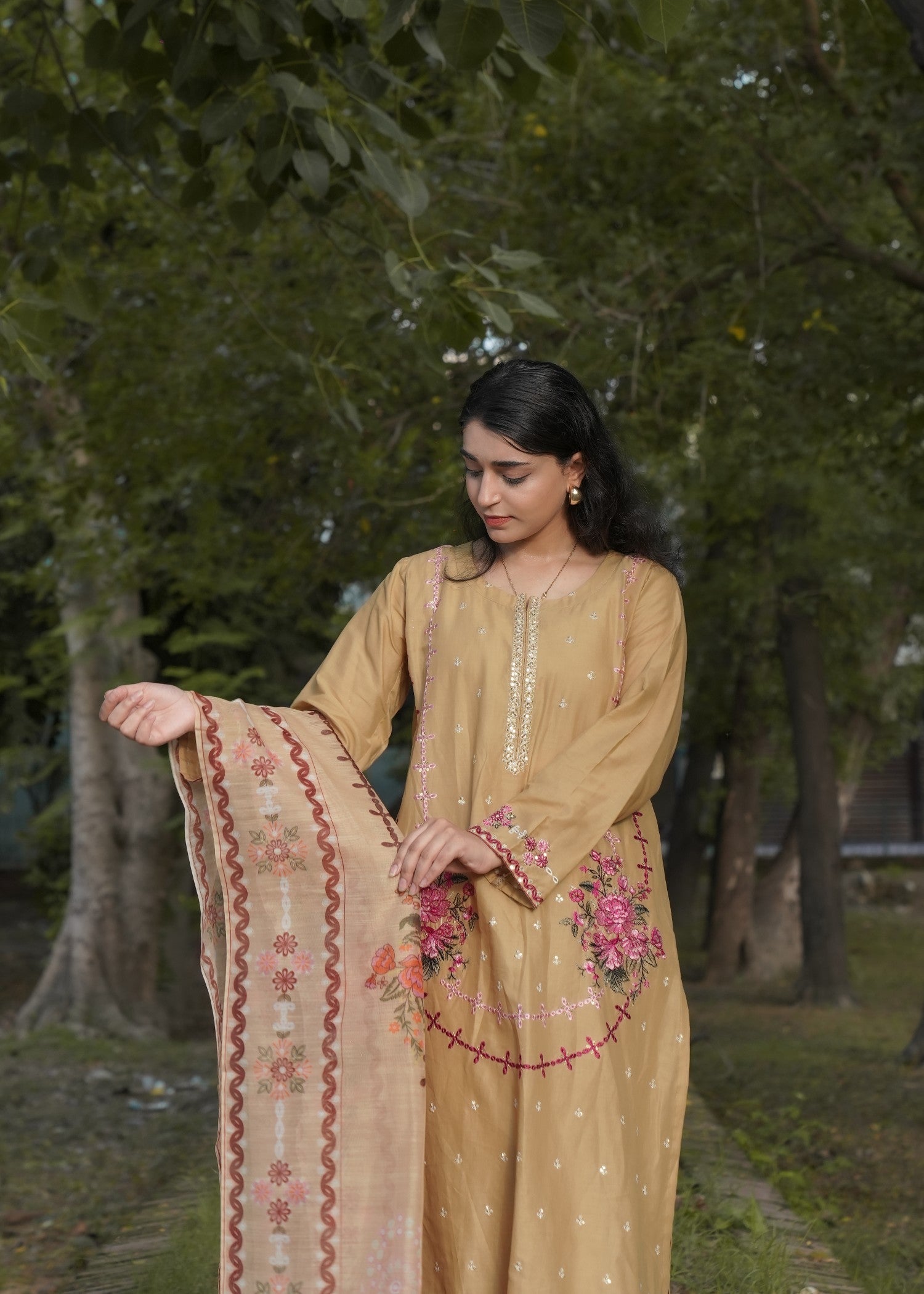 Attirepret Beige Cotton Embroidered Suit – By Women 3pcs