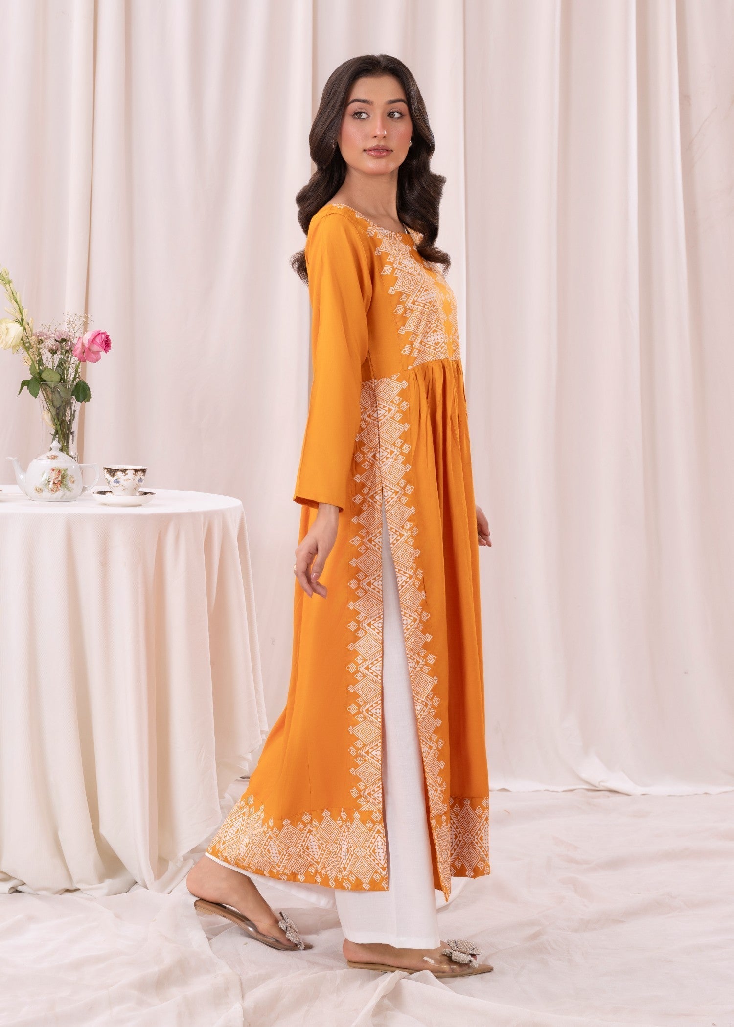 Laal Kurti Mustard White printed long kurta D117 Women 1pcs