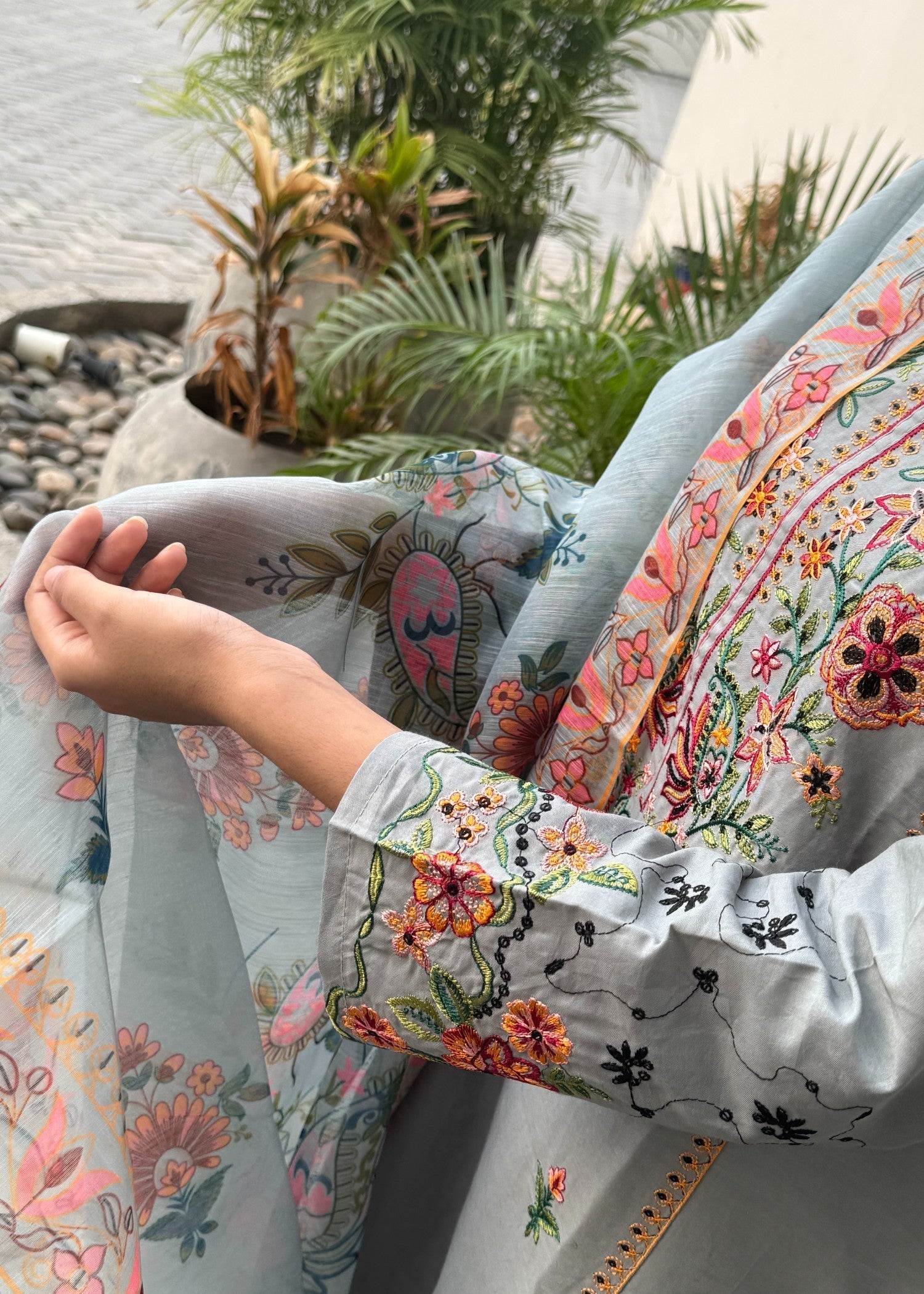 Attirepret Ash Grey : Embroidered Cotton Suit Women 3pcs